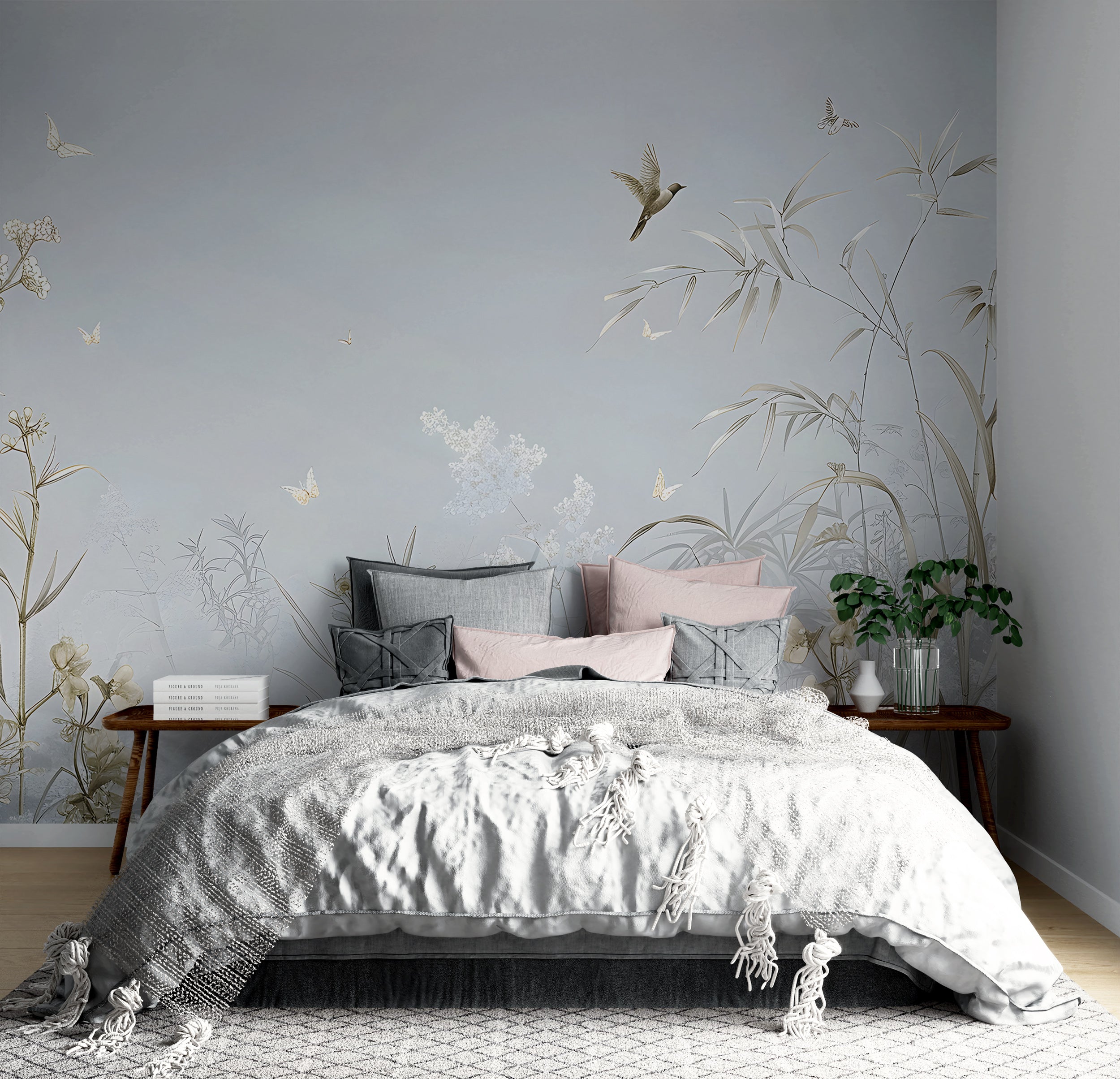 Removable blue botanical wallpaper for home decor Elegant floral decal with soft blue tones