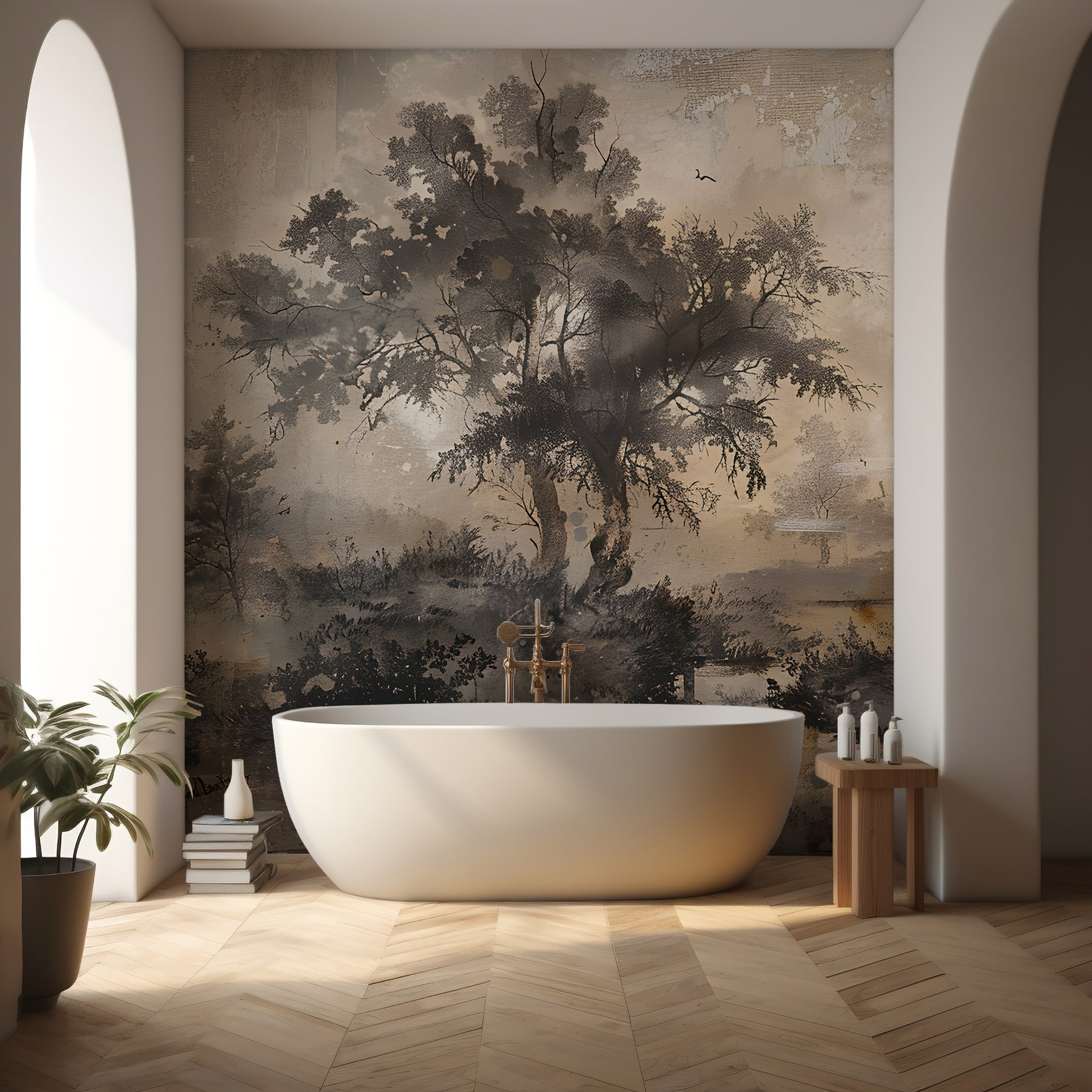 Peel and Stick Dark Beige Art for Vintage Vibes Old Style Trees Mural for Timeless Charm