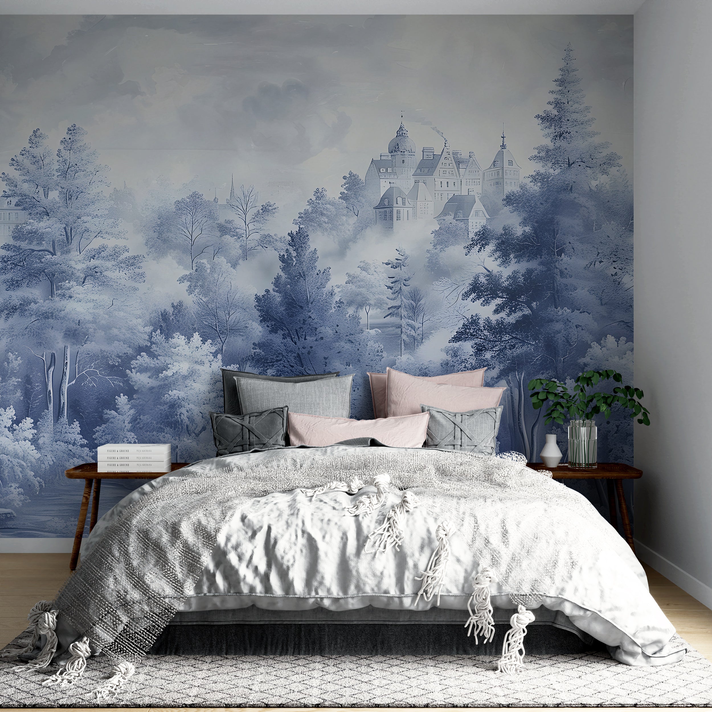 Blue Monochrome Forest Wallpaper Mural Toile de Jouy Style Peel and Stick Decor