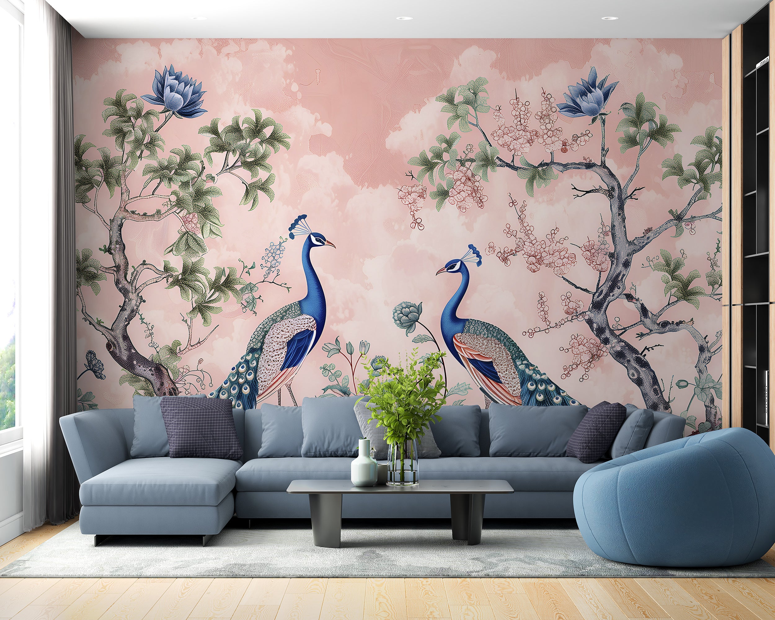 Soft Pink Chinoiserie Mural Peel and Stick Japanese Blue and Pink Wallpaper