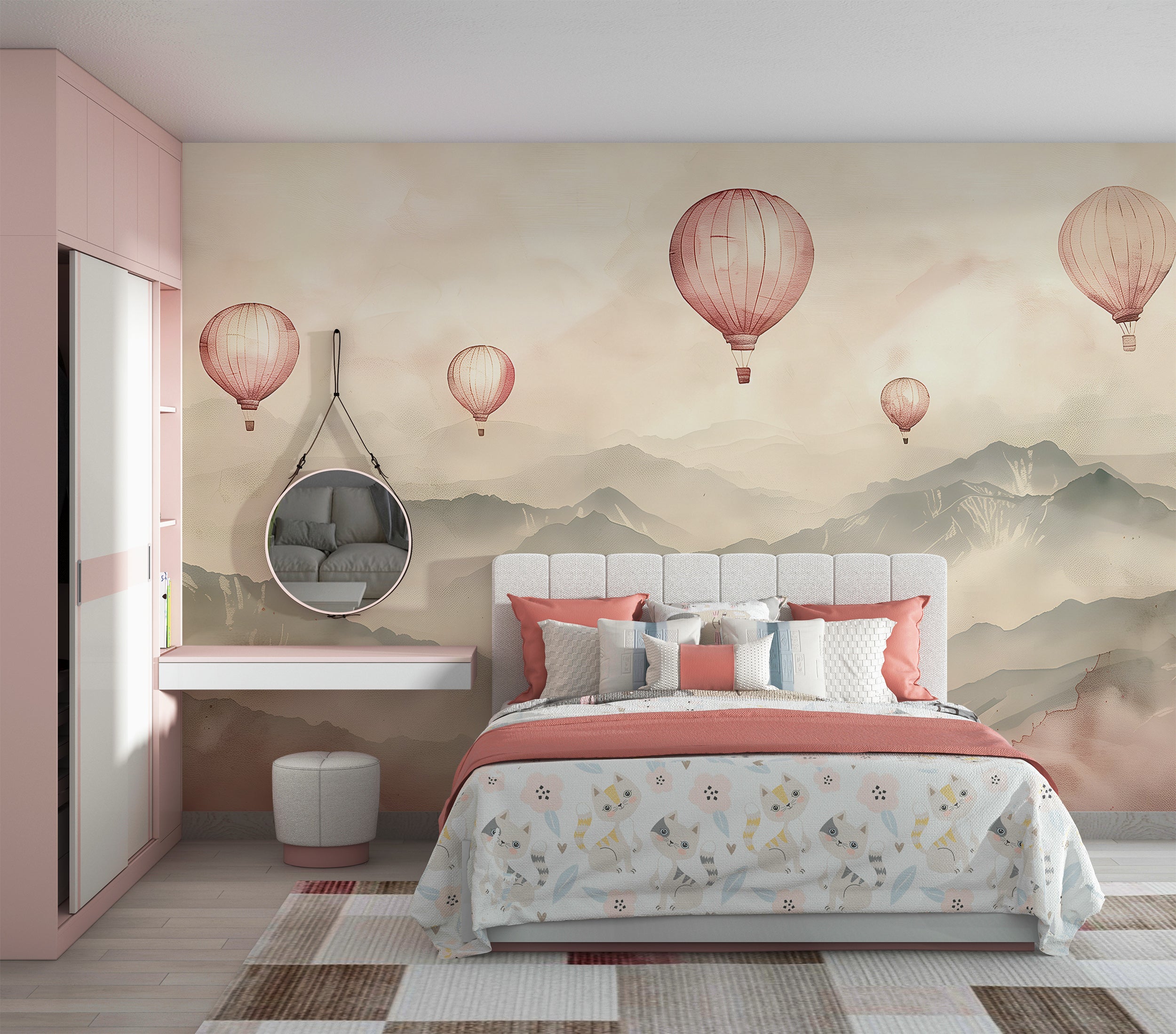 Soft Pink Hot Air Balloons Mural, Watercolor Mountain Landscape Wallpaper, Hot Air Balloons over the Mountains Mural, Peel and Stick Nursery