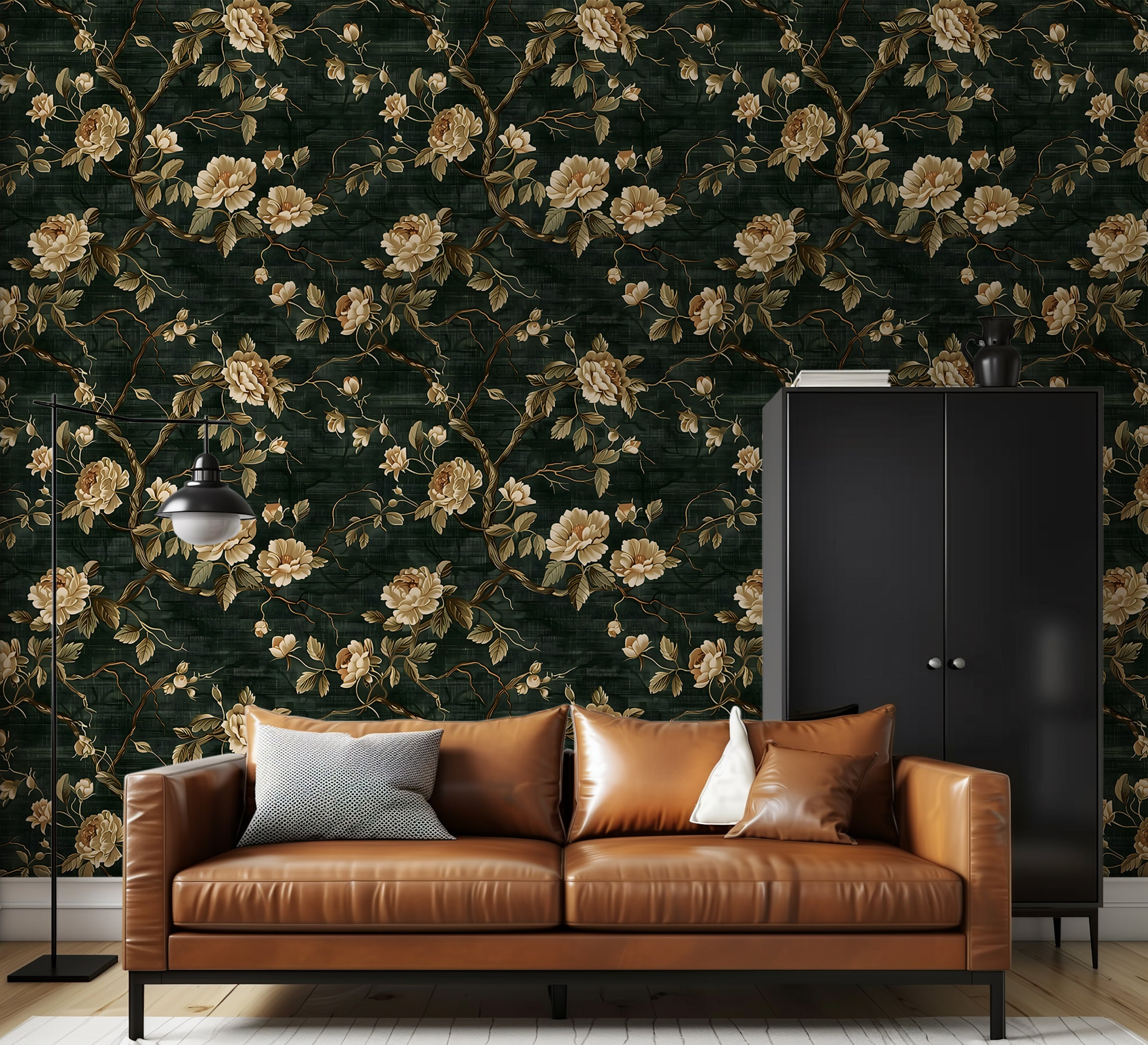 Elegant beige roses wall mural Luxurious dark green floral wallpaper