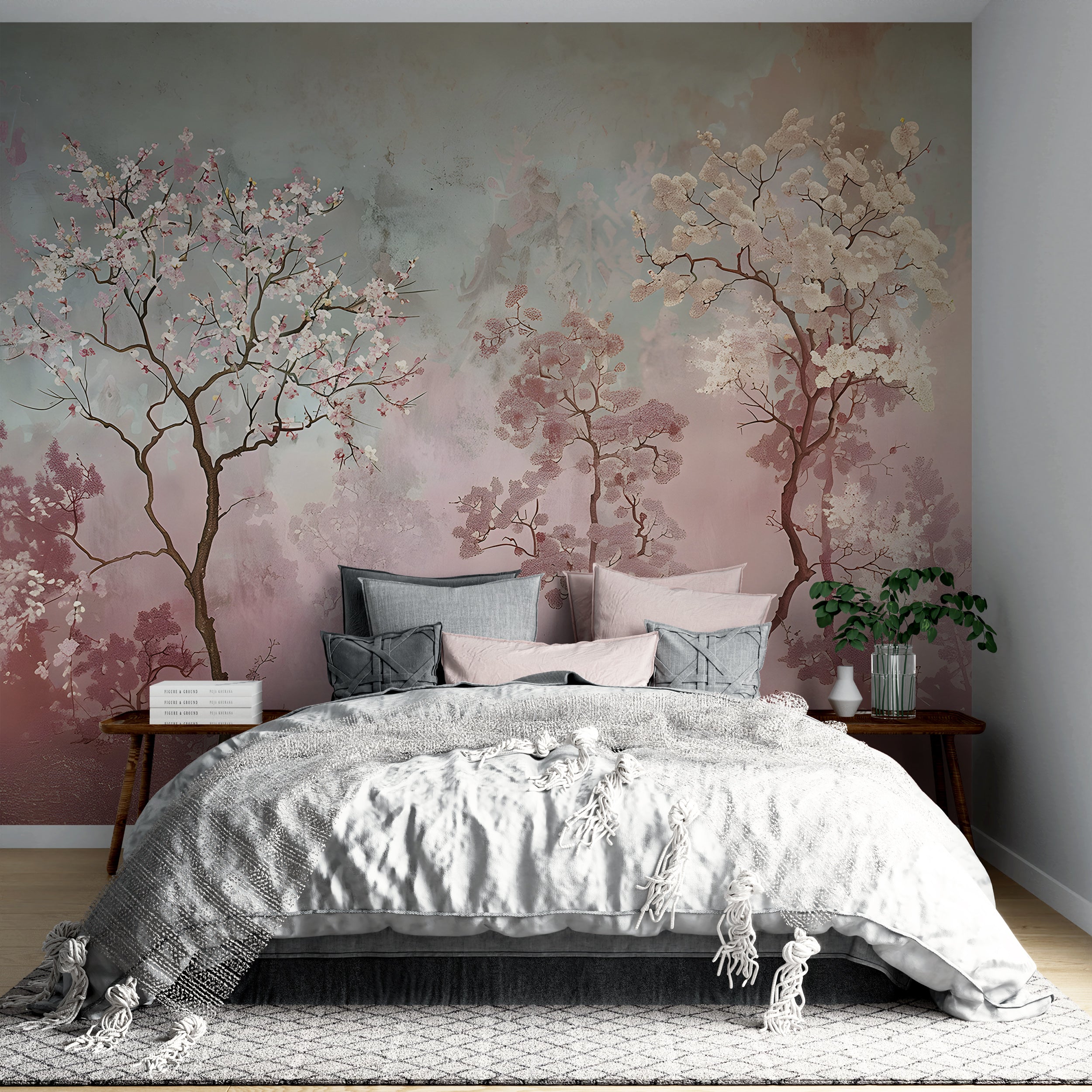 Removable sakura tree mural Watercolor trees wall decor
