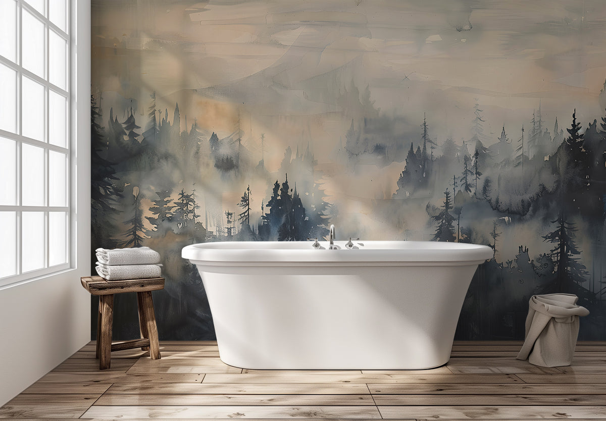 Misty Abstract Forest Wallpaper - Peel and Stick Foggy Forest Mural