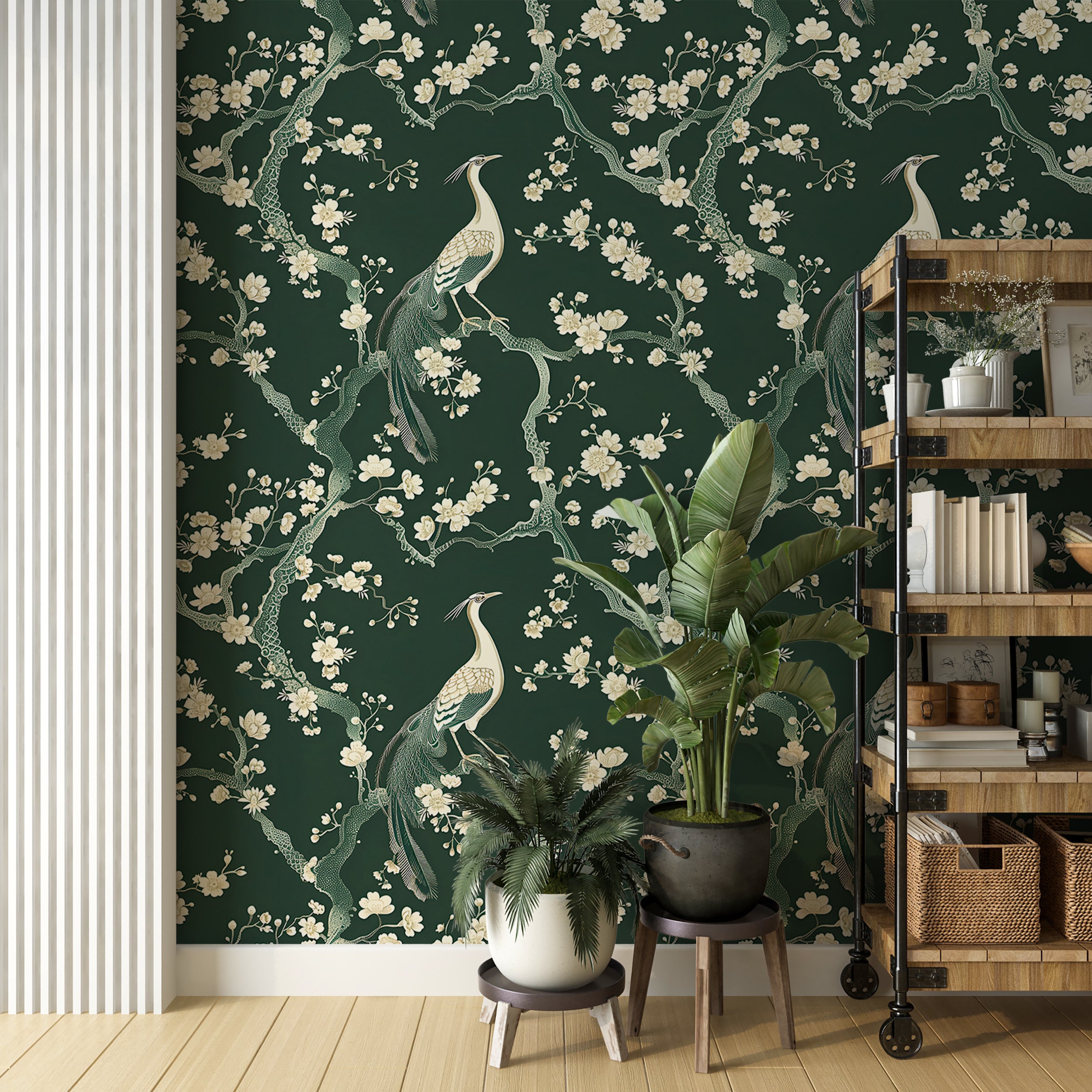 Classic chinoiserie wallpaper Green and beige floral decor