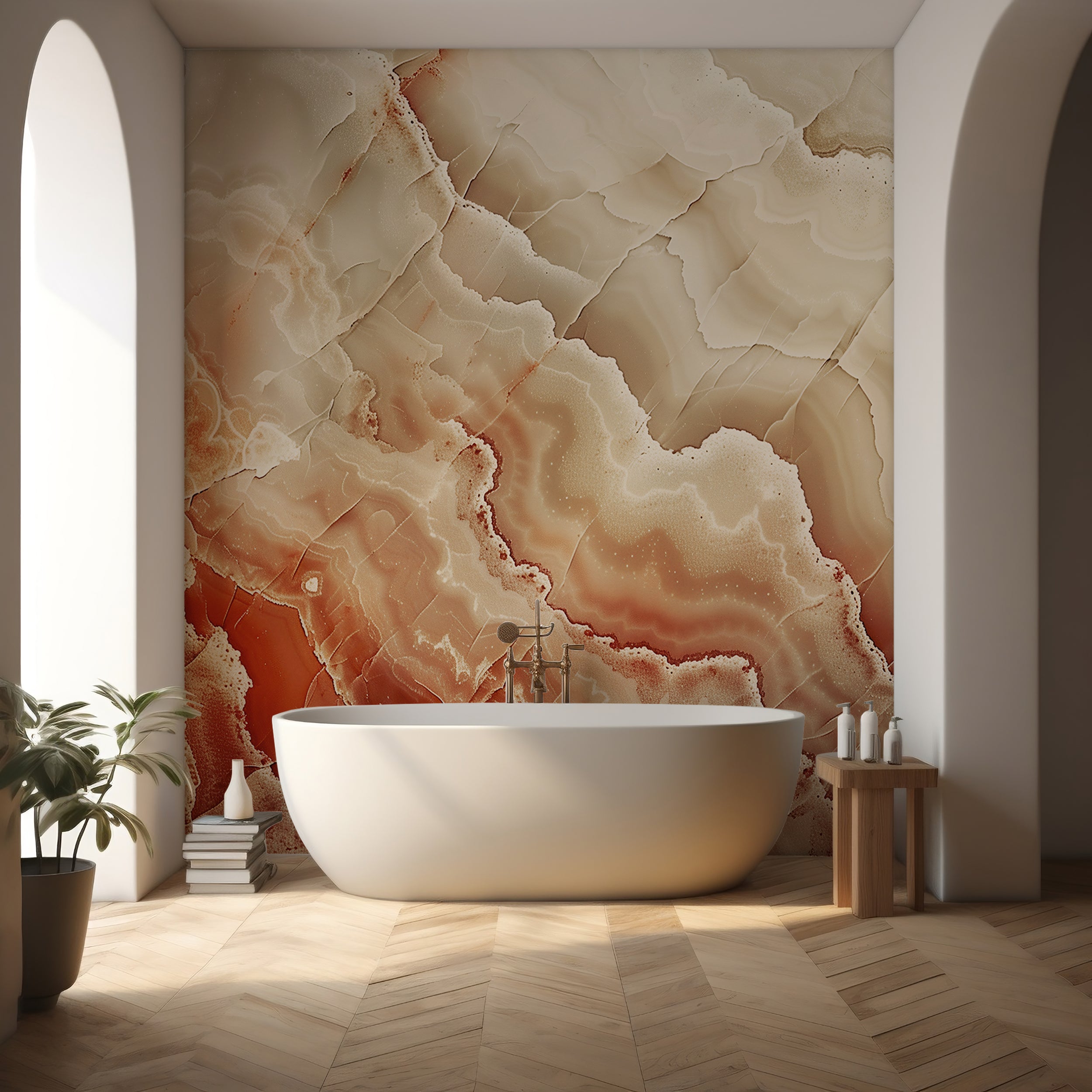 Warm tone marble accent wall Easy apply beige and orange wallpaper