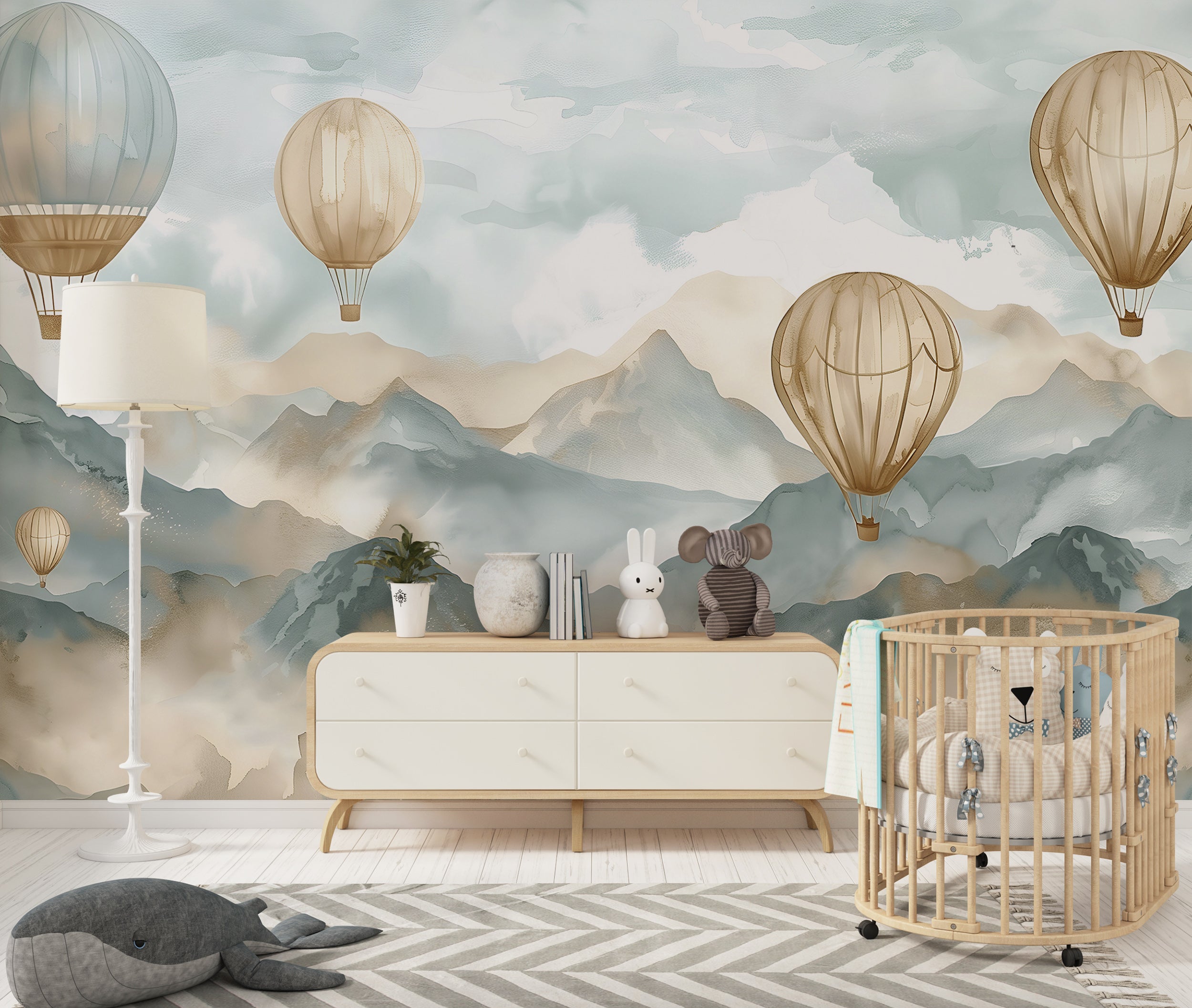 Watercolor mountains wallpaper for nursery Light blue mountains and hot air balloons wallpaper