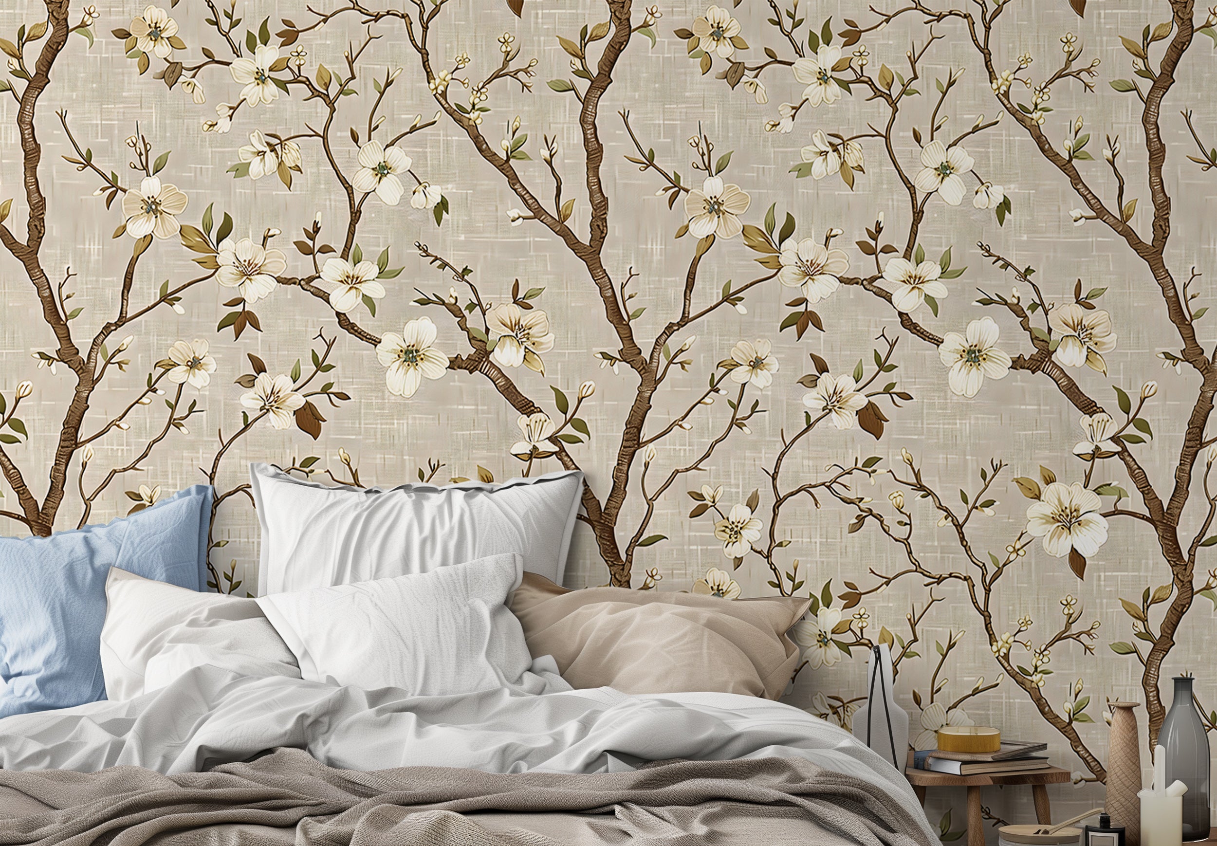 Beige botanical wallpaper White tree flowers wallpaper