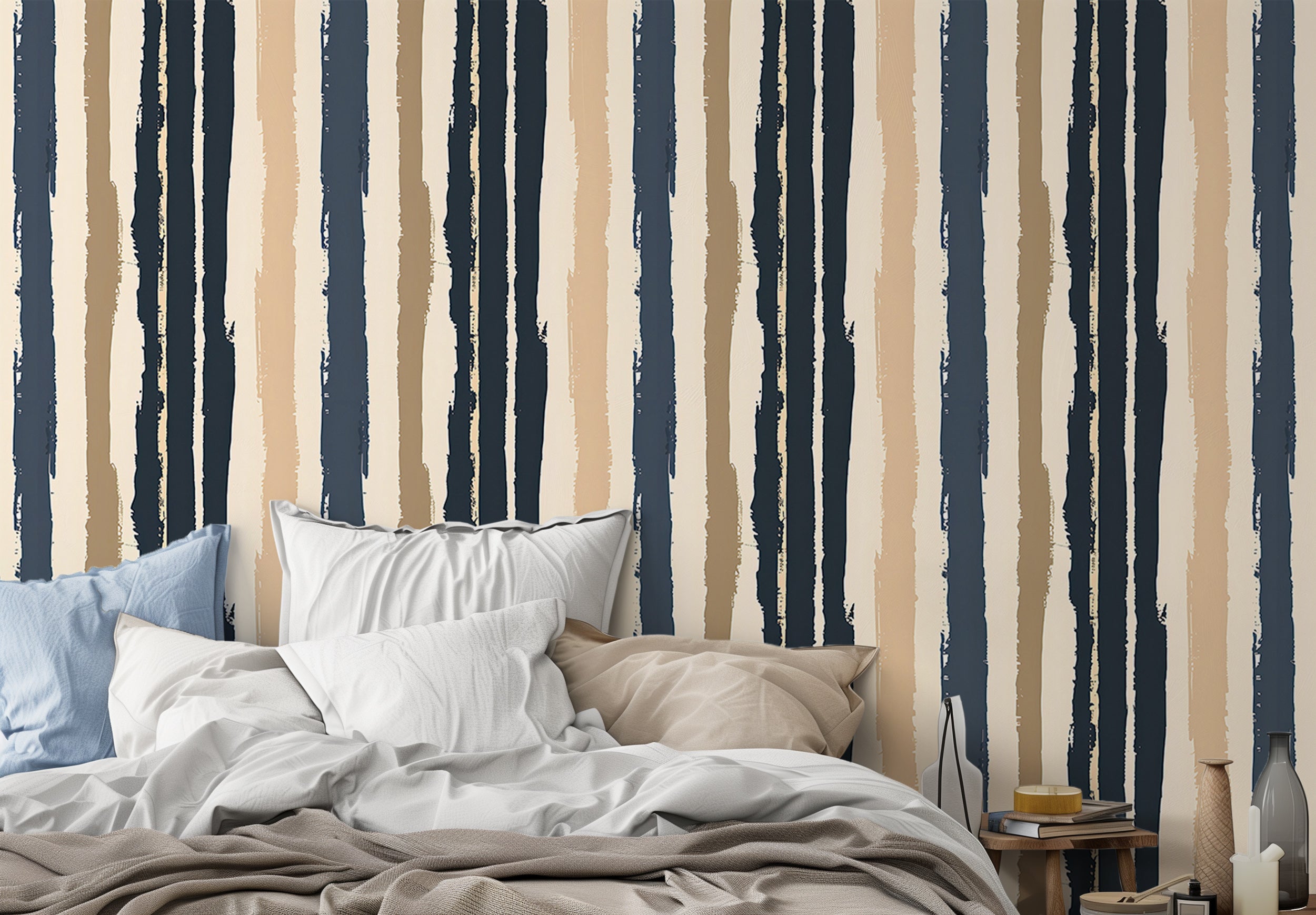 Navy blue ragged stripes wallpaper Classic beige and blue stripes wallpaper