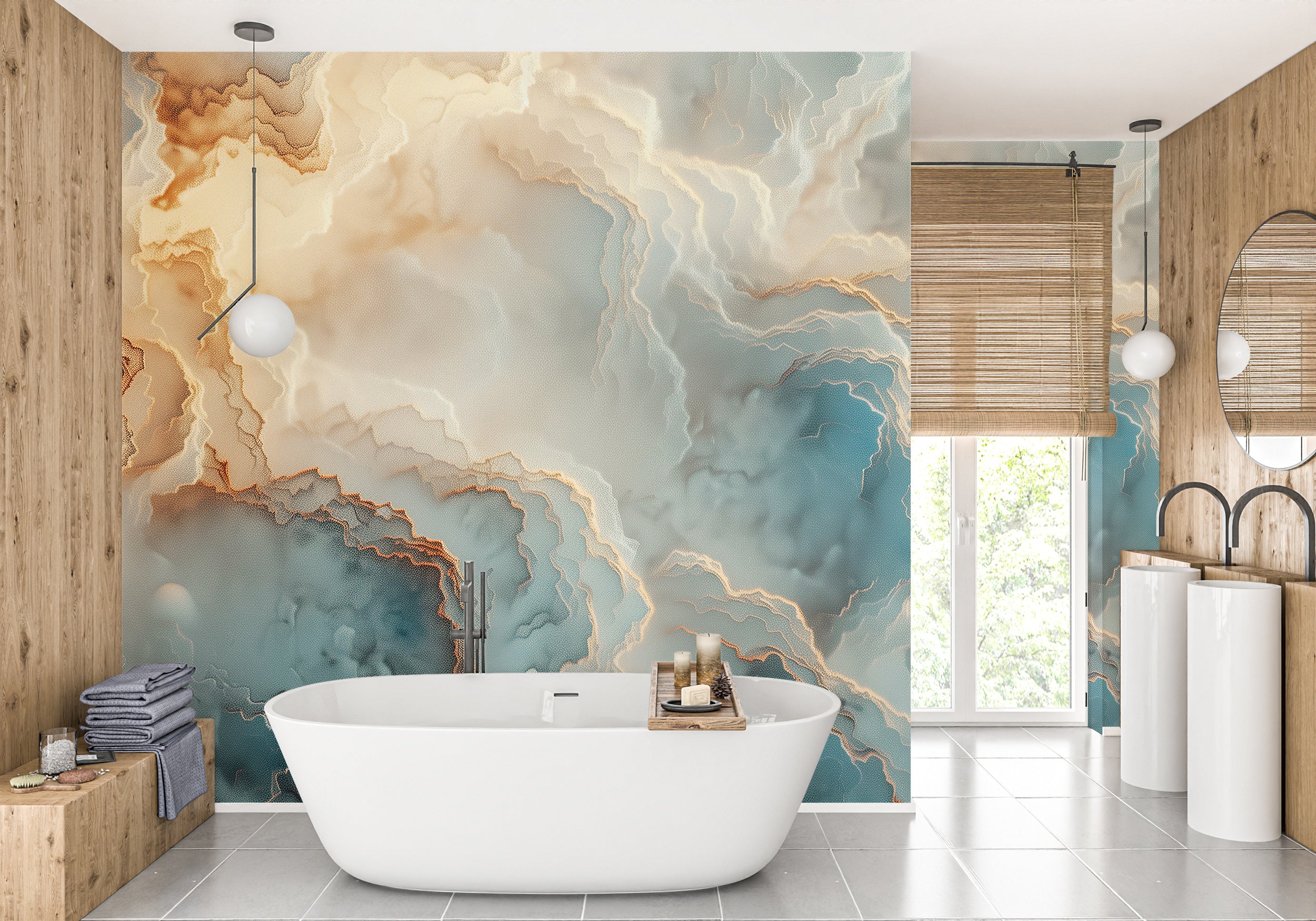 Blue beige and gold marble mural Leather style texture marble wallpaper