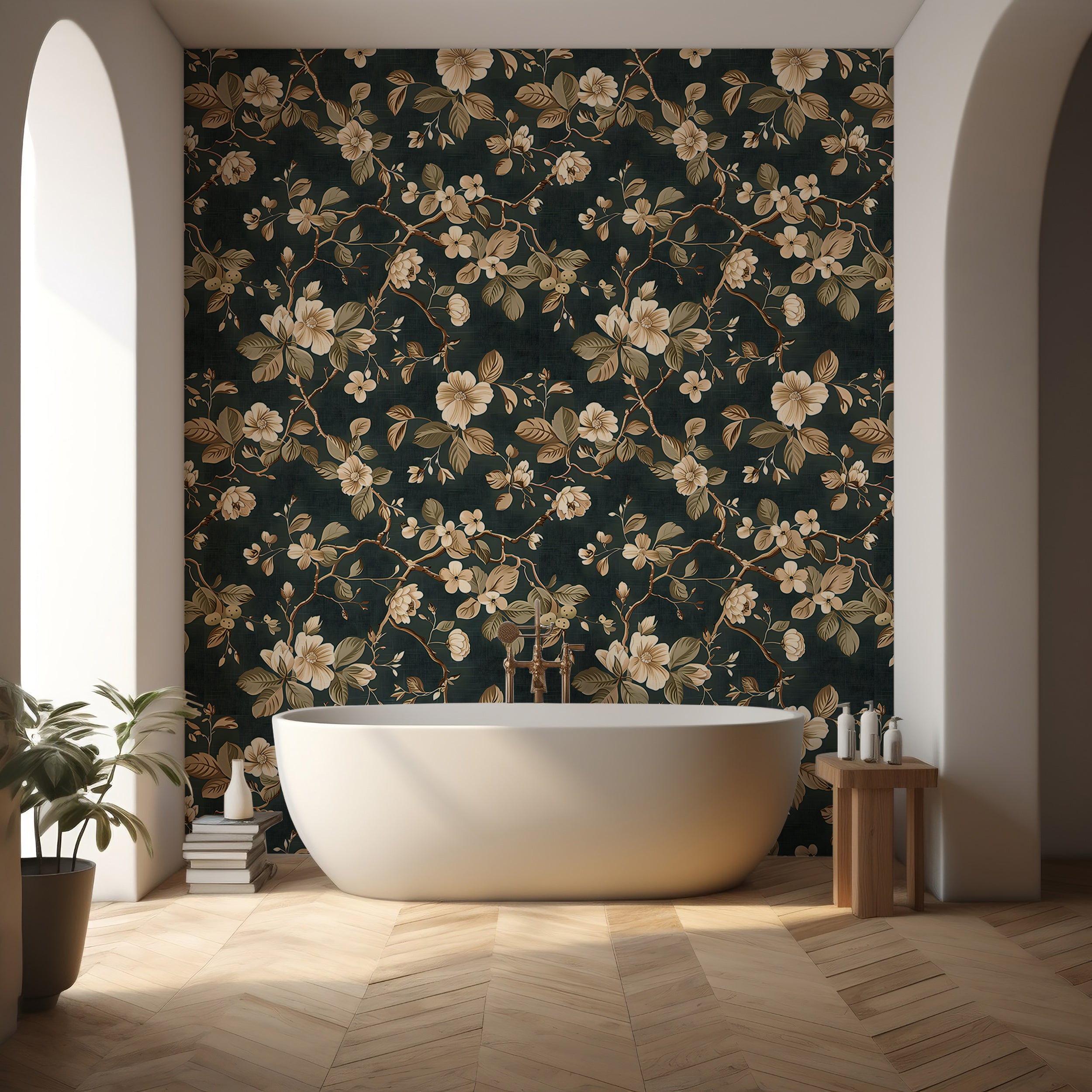 Peel and stick dark floral wallpaper Removable green botanical wallpaper