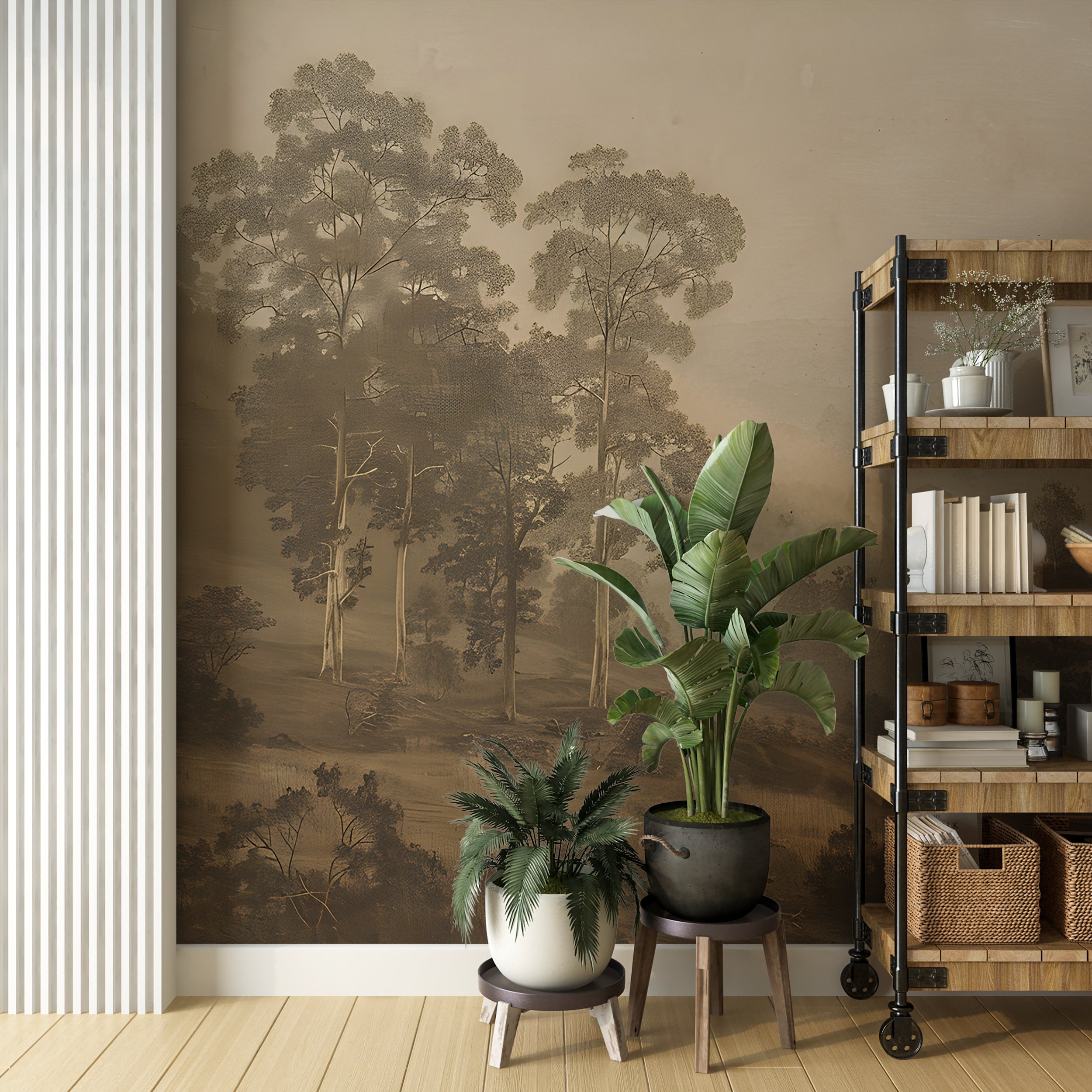 Peel and stick vintage trees mural Sepia nature wallpaper