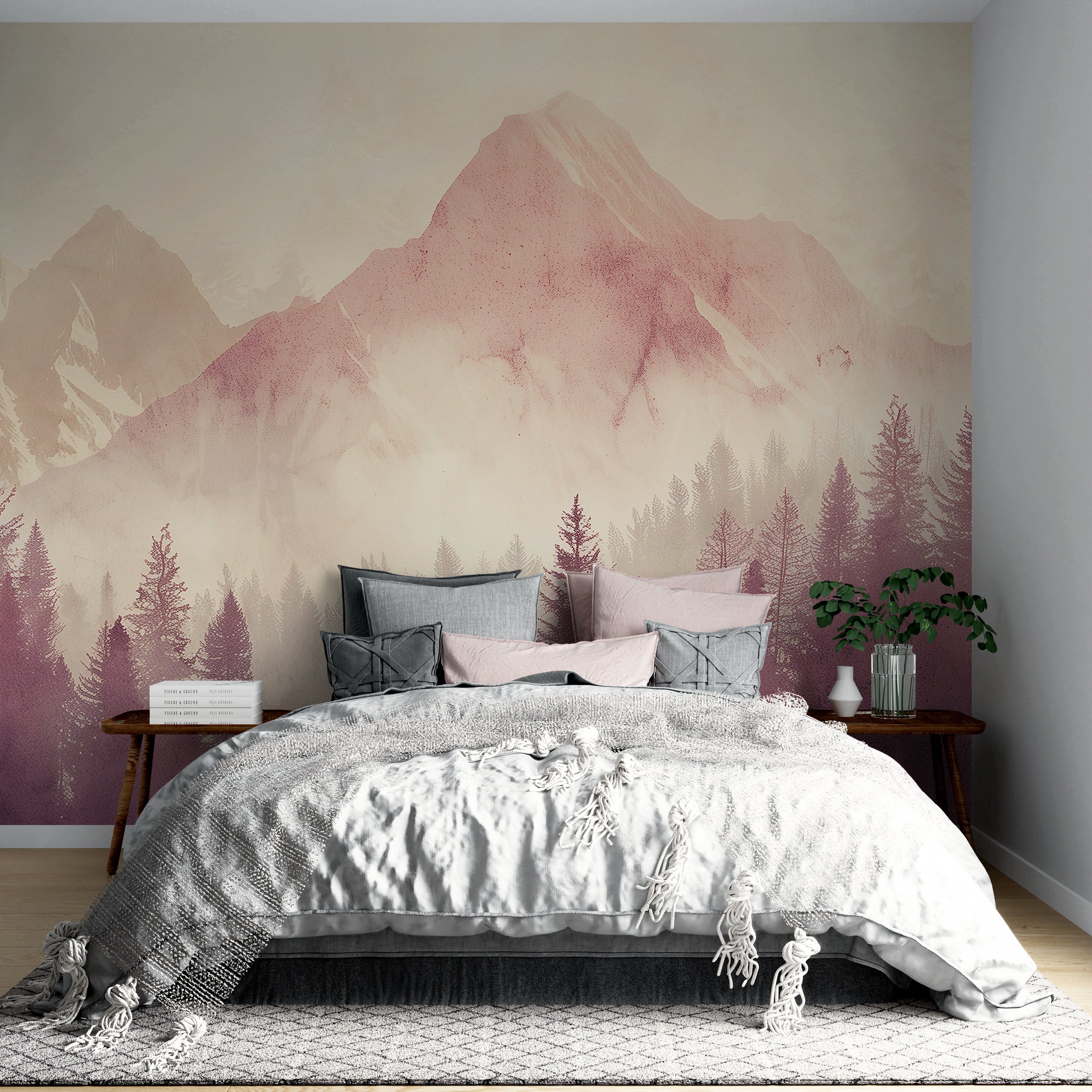 Soft pink nursery wall decor Monochrome pink forest and mountain mural