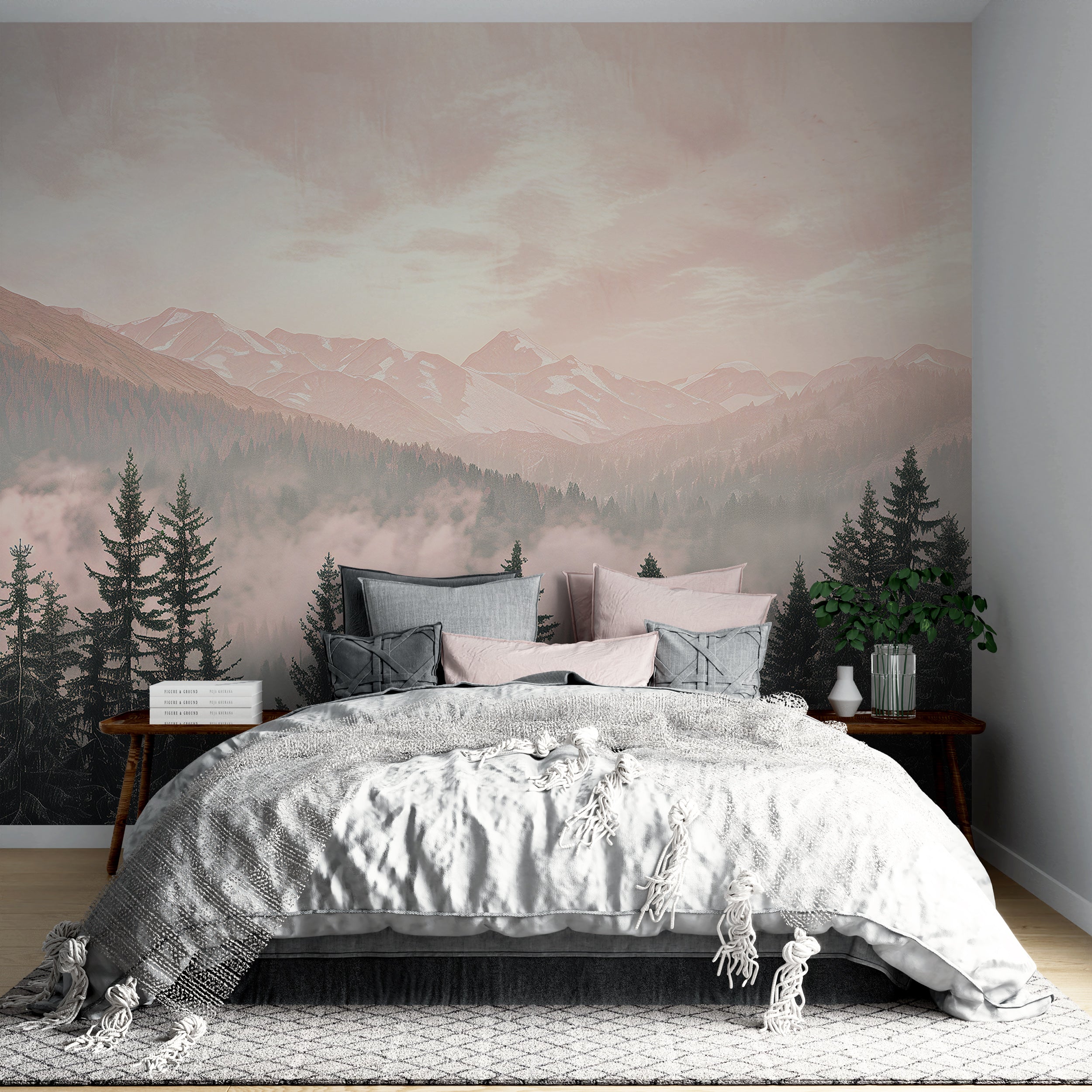 Foggy nature accent wall decor Soft pink pine forest wallpaper