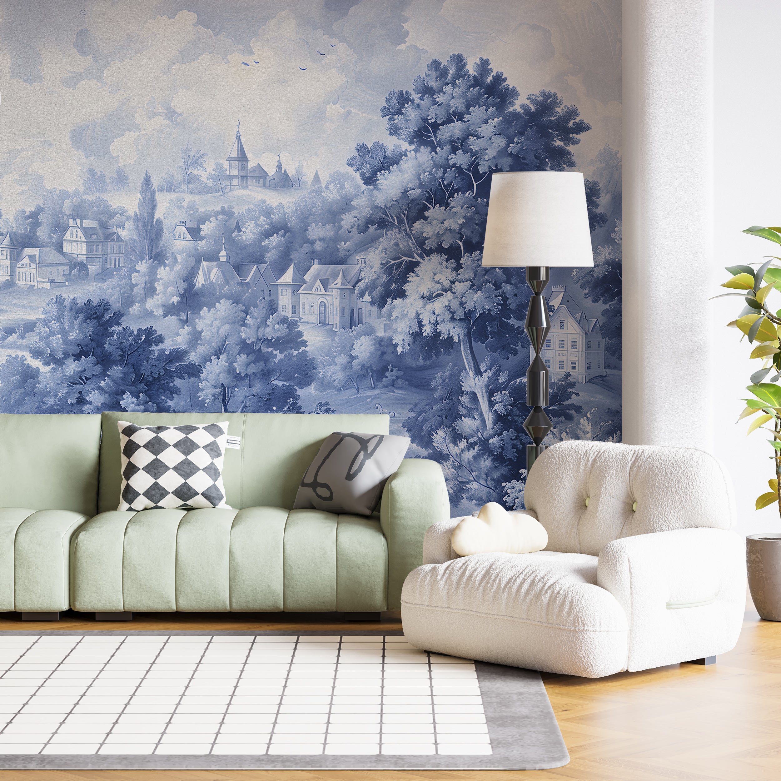 Classic French countryside landscape mural Blue monochrome scenic wallpaper