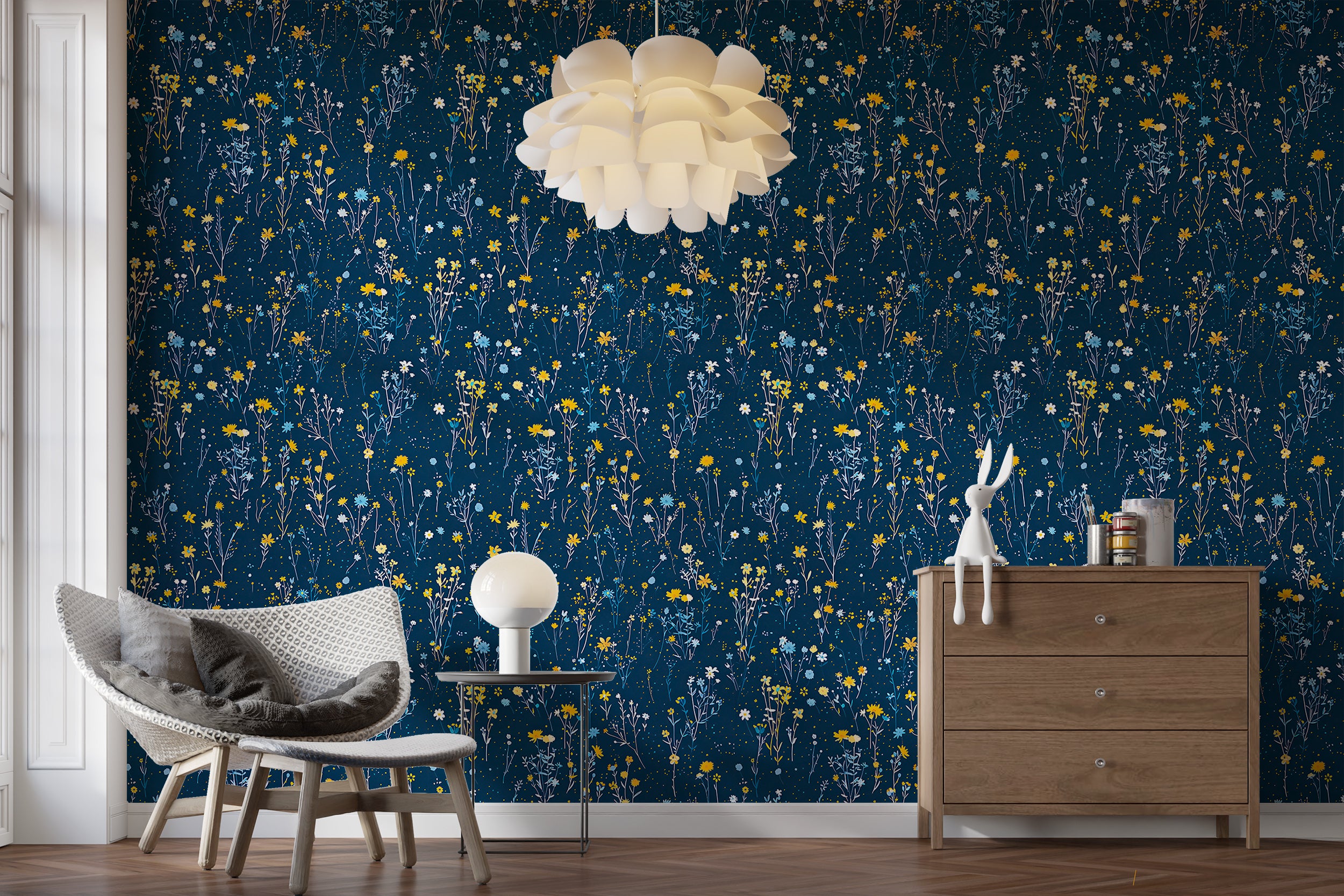 Navy blue field floral pattern wallpaper Dark blue wildflower peel and stick wallpaper