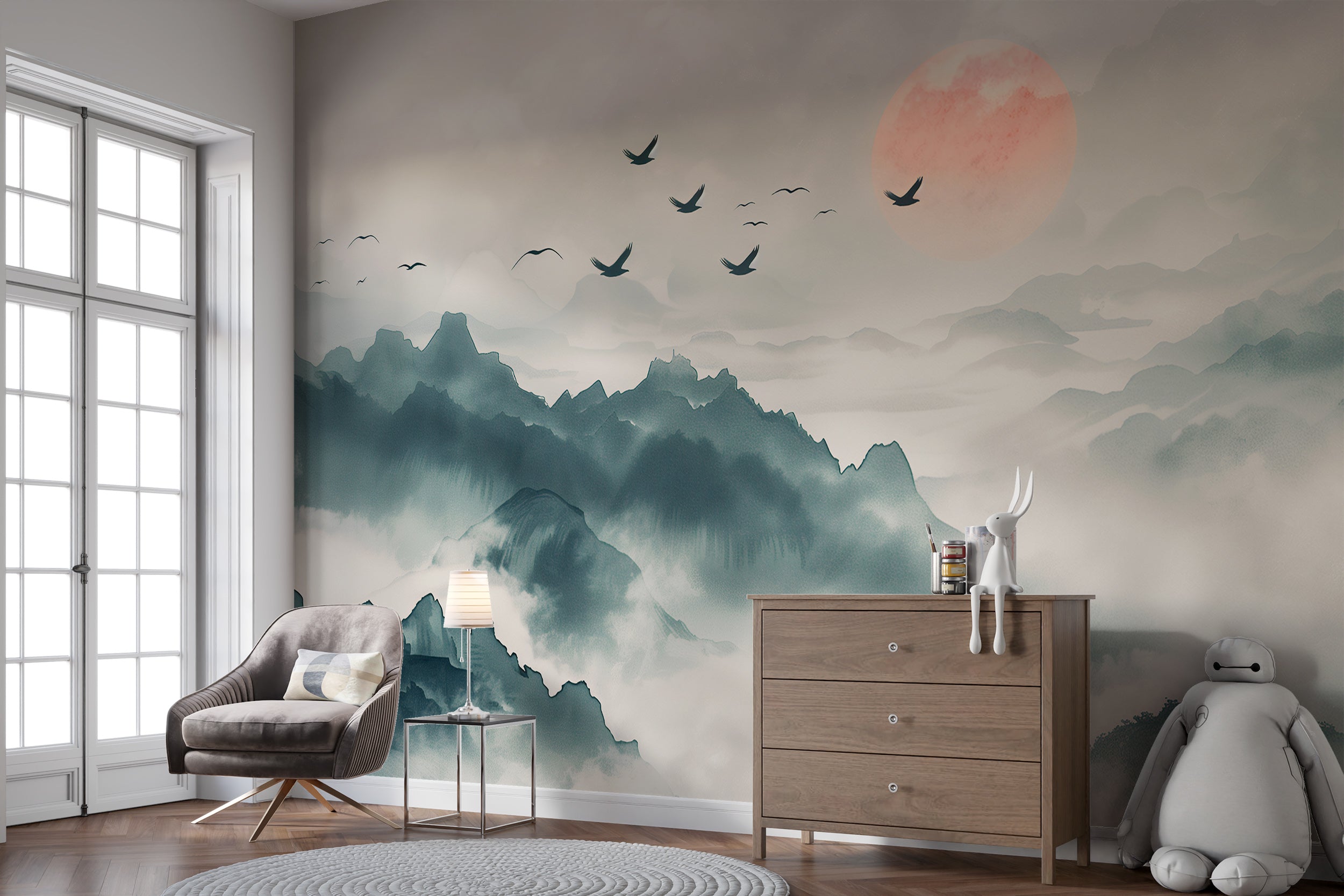 Removable pastel color nature wallpaper Nursery foggy mountains wall decor