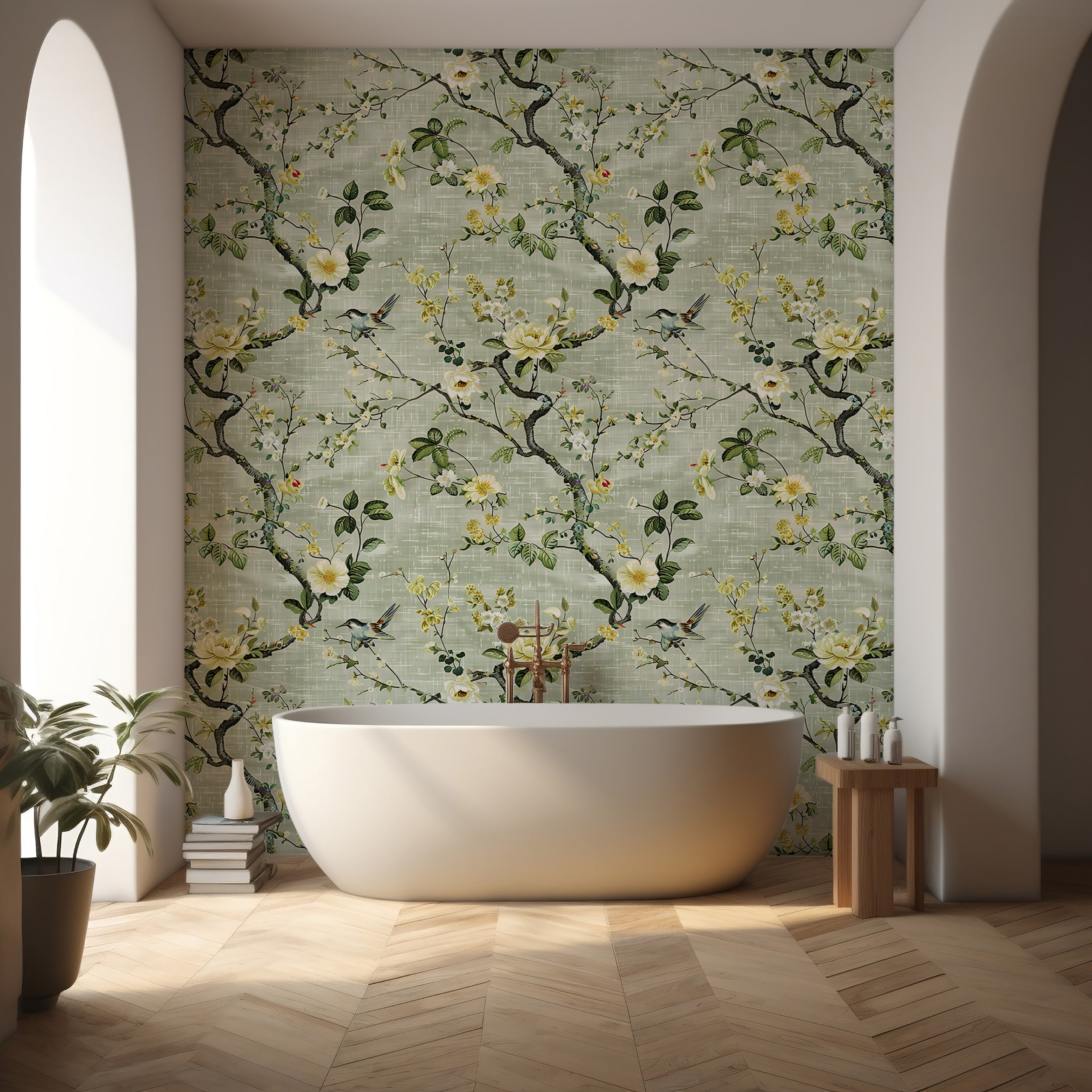 Chinoiserie floral peel and stick wallpaper Removable linen texture botanical wallpaper