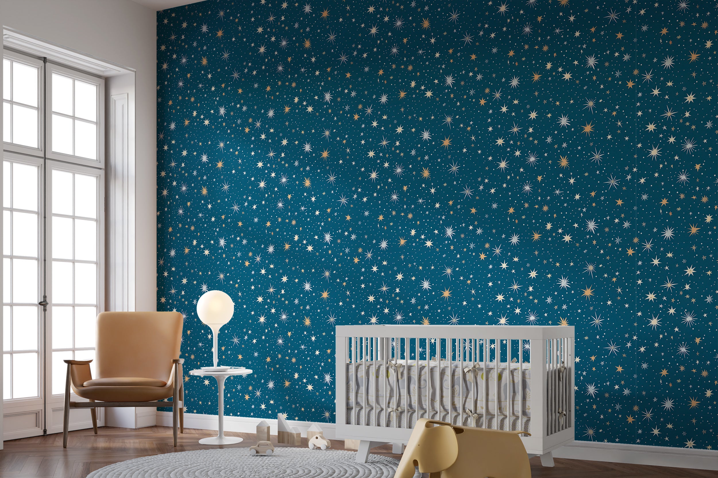 Removable starry night wall art Dark blue and gold star wallpaper