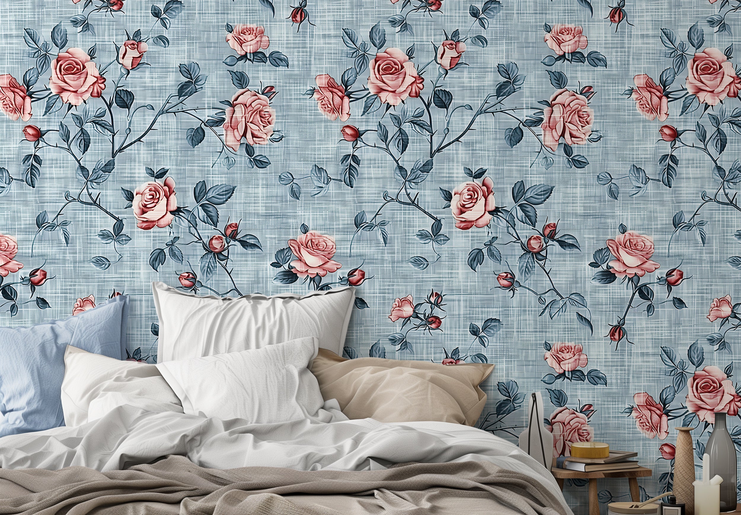 Light blue linen texture with pink roses wallpaper