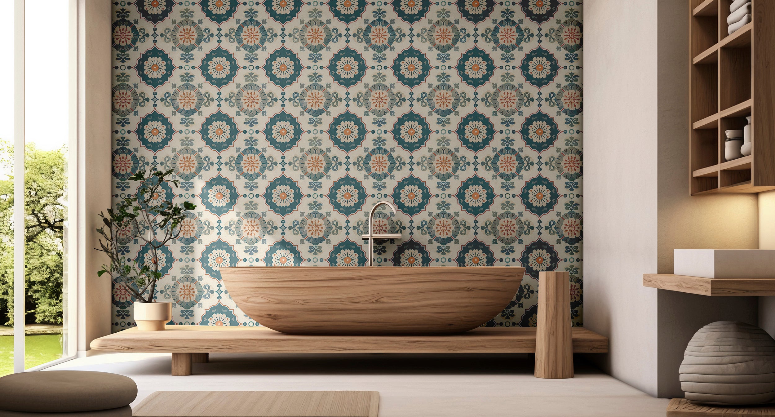 Geometrical tiles wallpaper for bathroom decor Moroccan-inspired peel and stick wall tiles