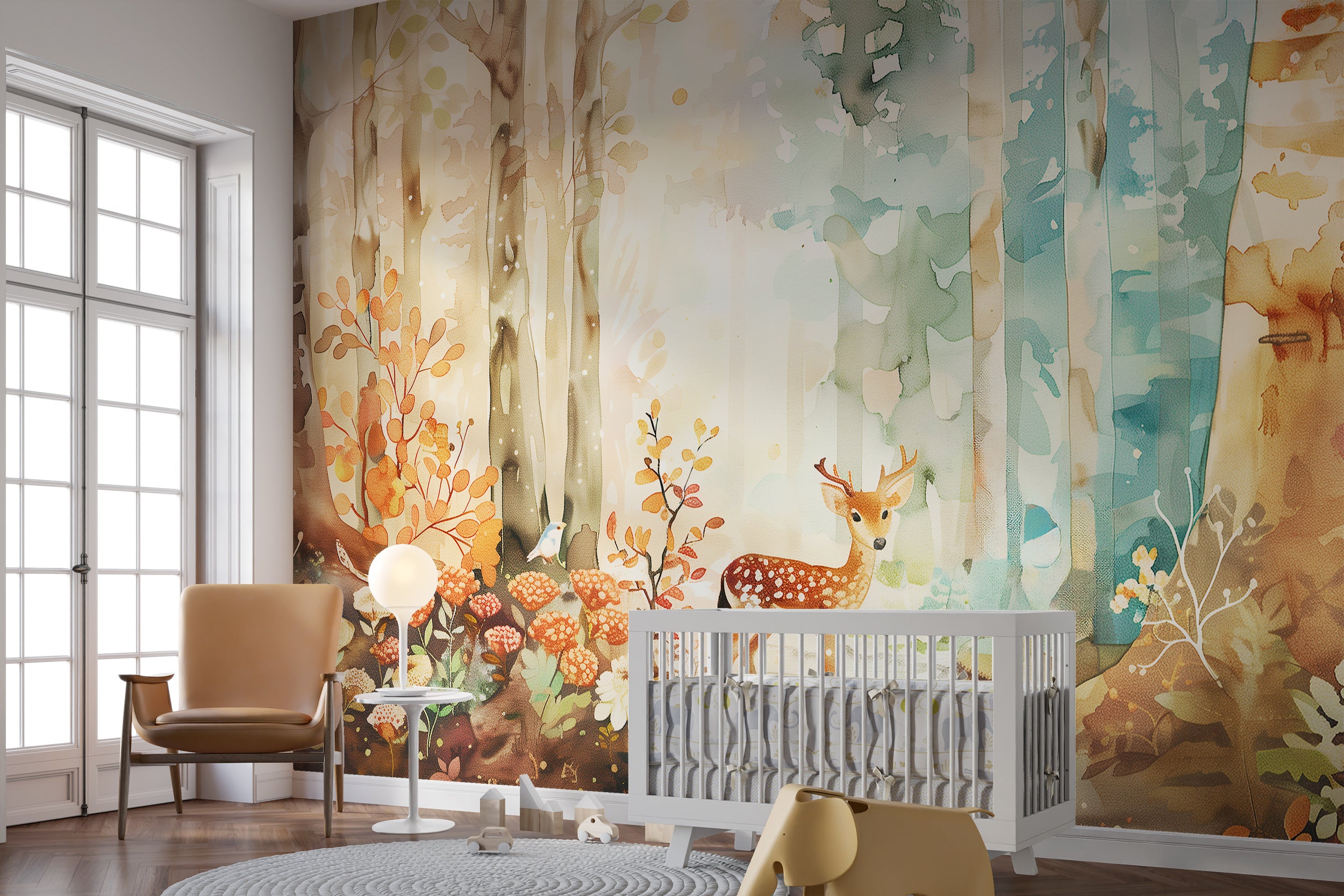 Watercolor baby deer wallpaper Fairy forest mural for nursery