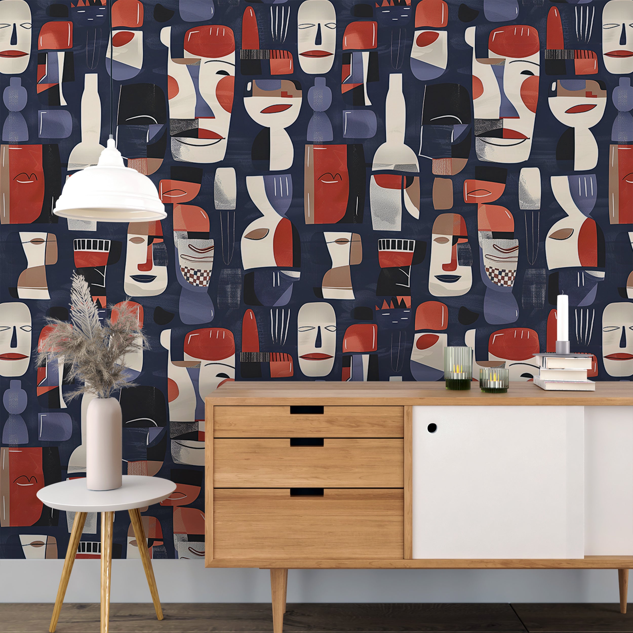 Modern abstract faces and shapes wallpaper Bold geometric Art Deco wallpaper navy red cream
