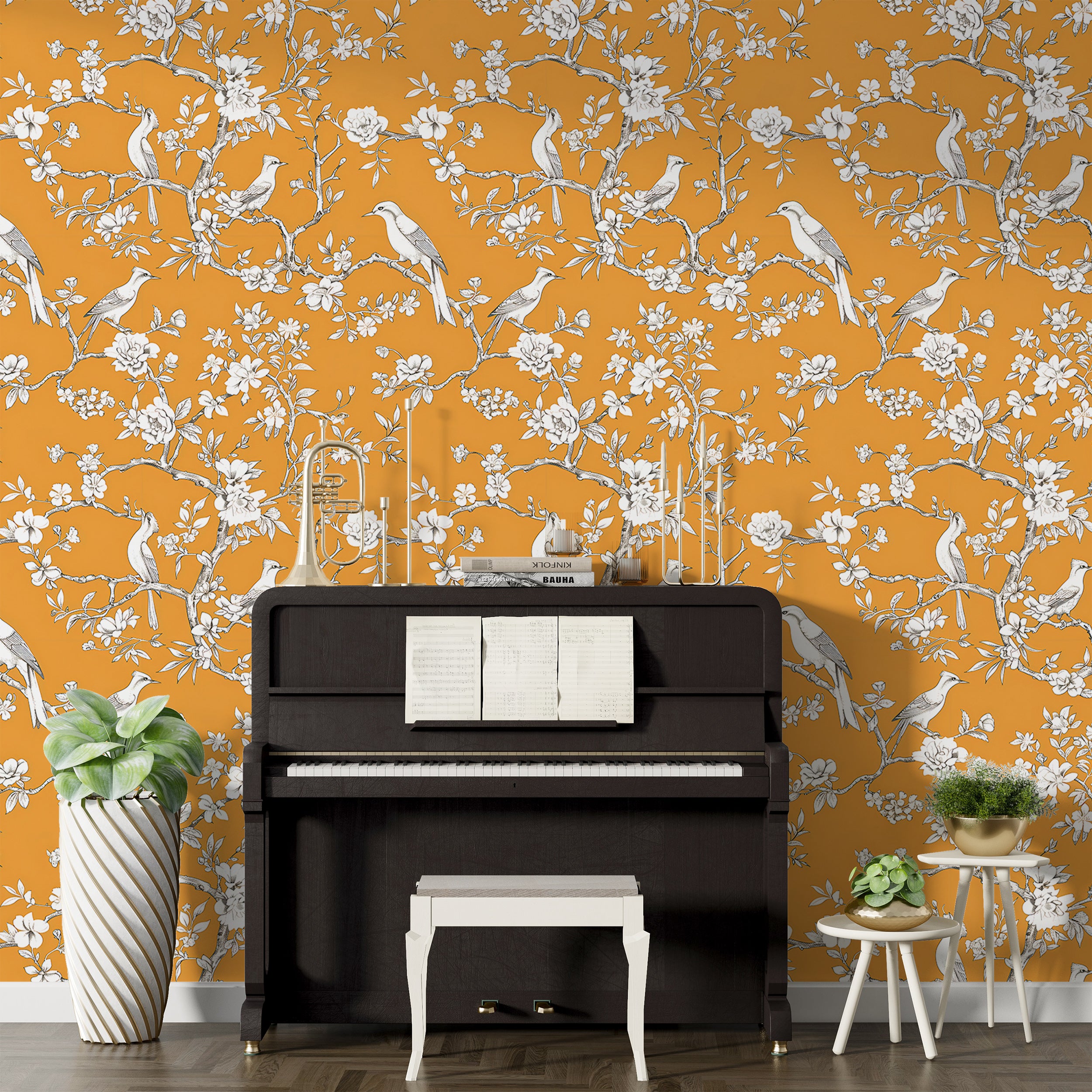 Yellow Chinoiserie wallpaper Bright orange botanical wallpaper