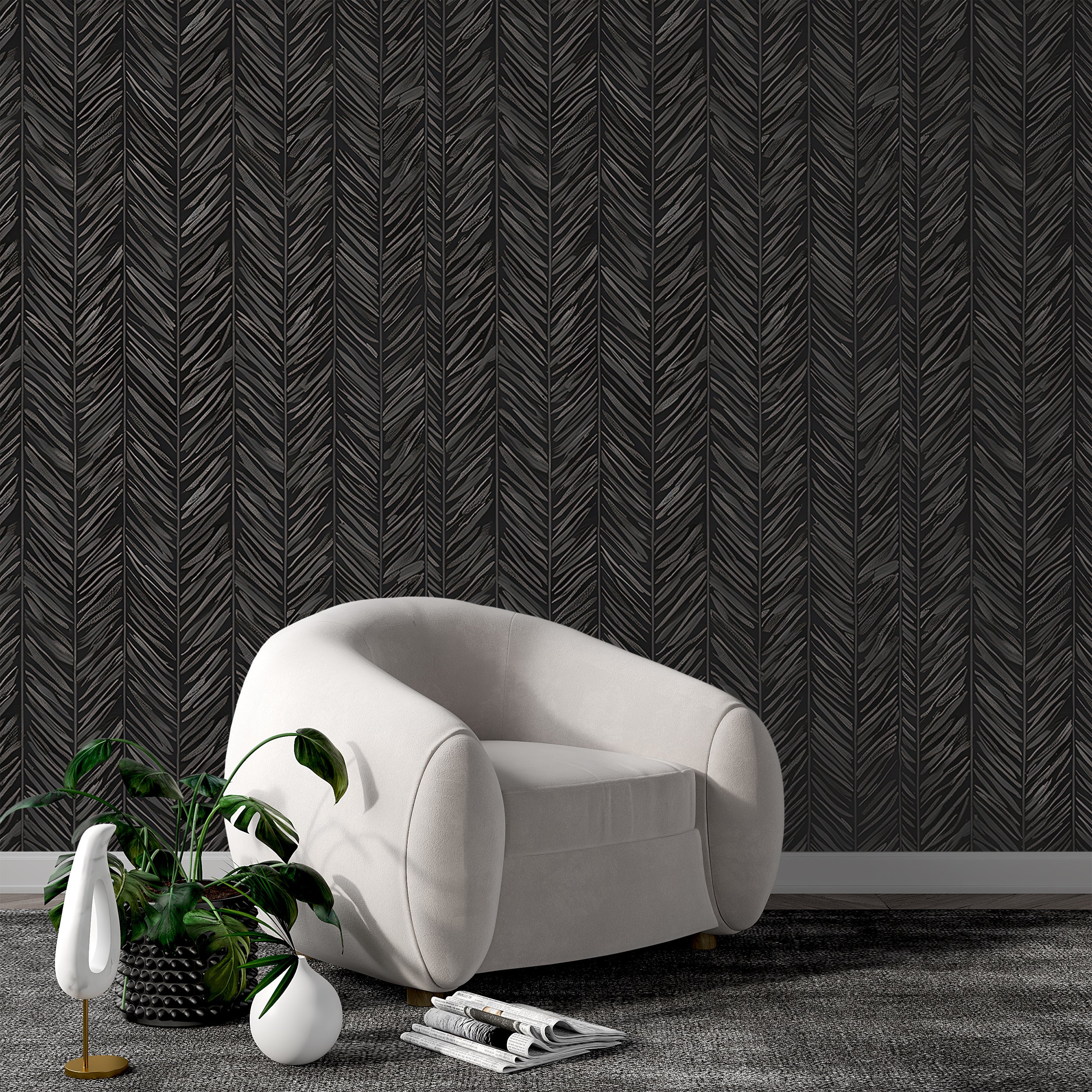 Dark grey luxury wall decor Peel and stick herringbone wallpaper