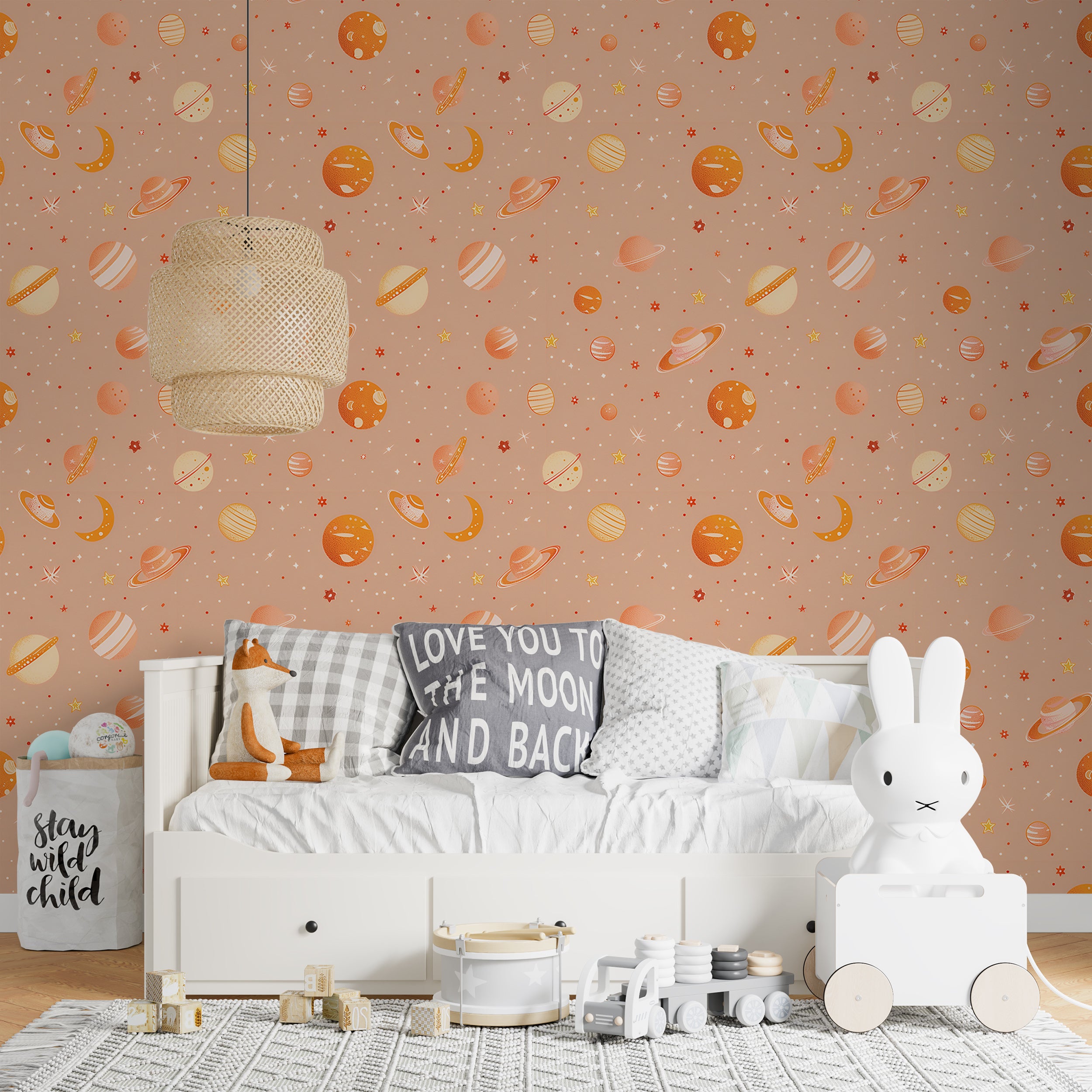 Peach Color Celestial Wallpaper for nursery Soft pink and orange planets wall decor