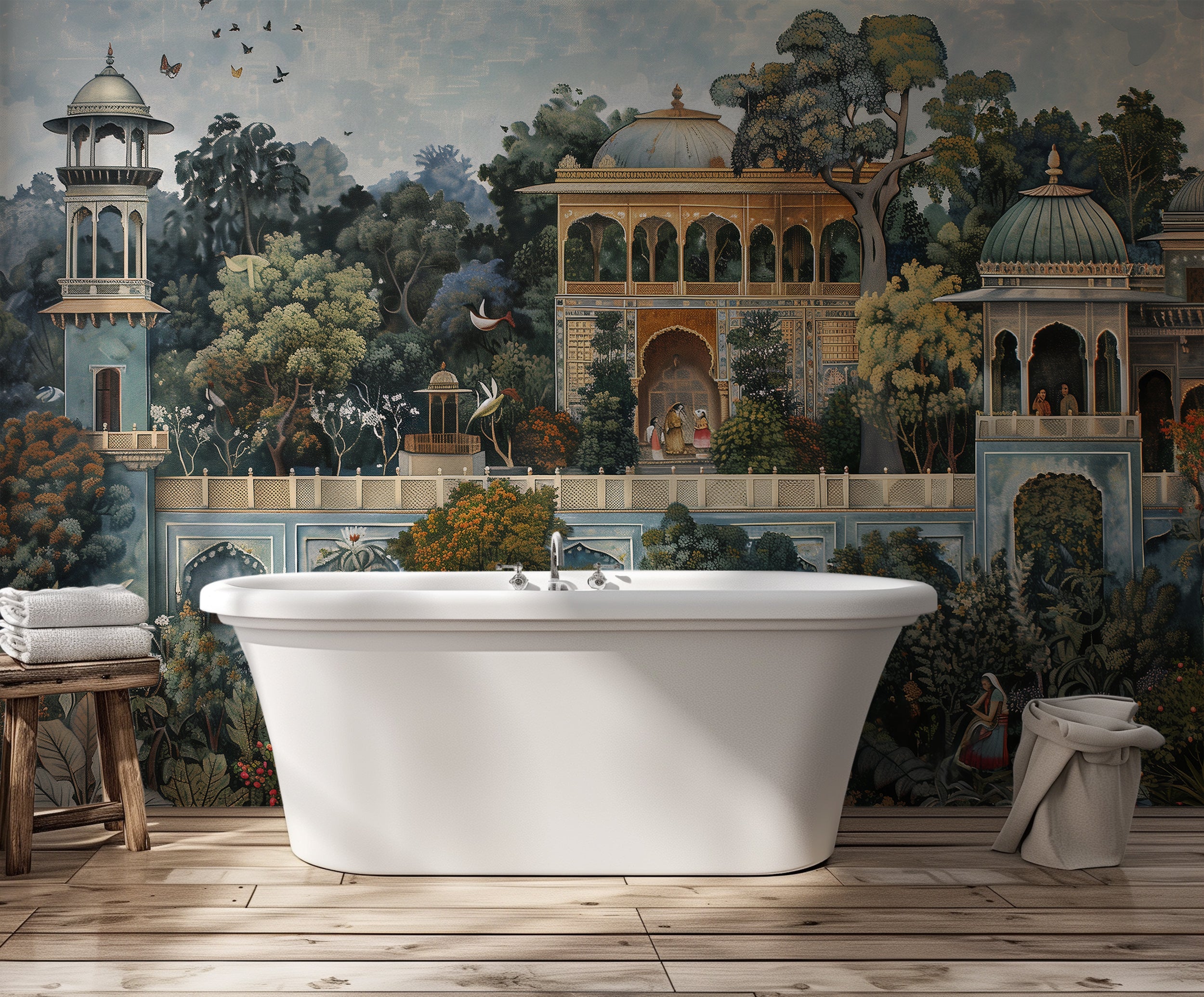 Lush Garden Wall Mural, Coloful Palace Wallpaper, Old Architecture Vintage Wallpaper, Peel and Stick Removable Castle in the Forest Mural