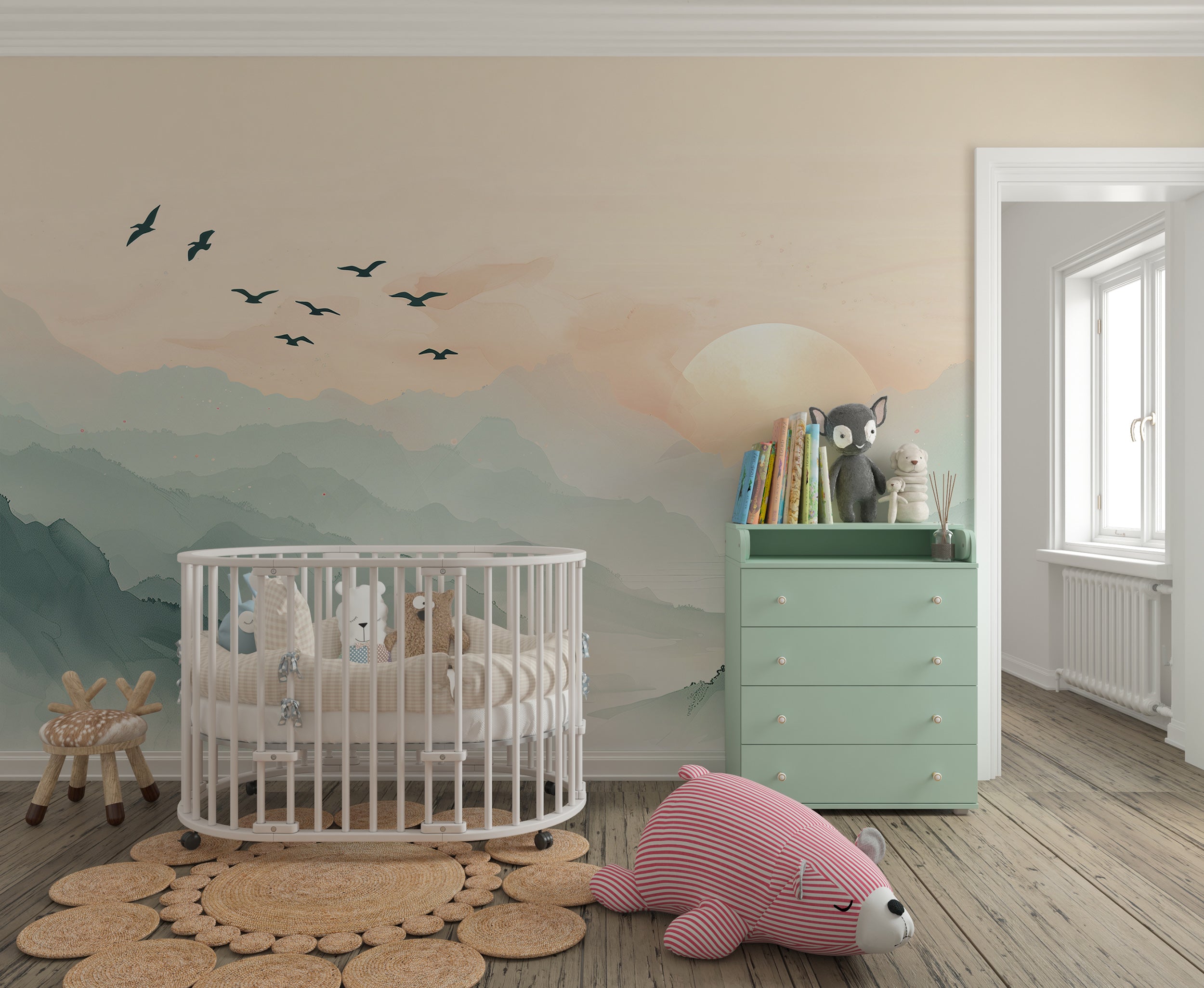 Minimal nursery wall mural with watercolor sunset Peel and stick removable nature landscape mural