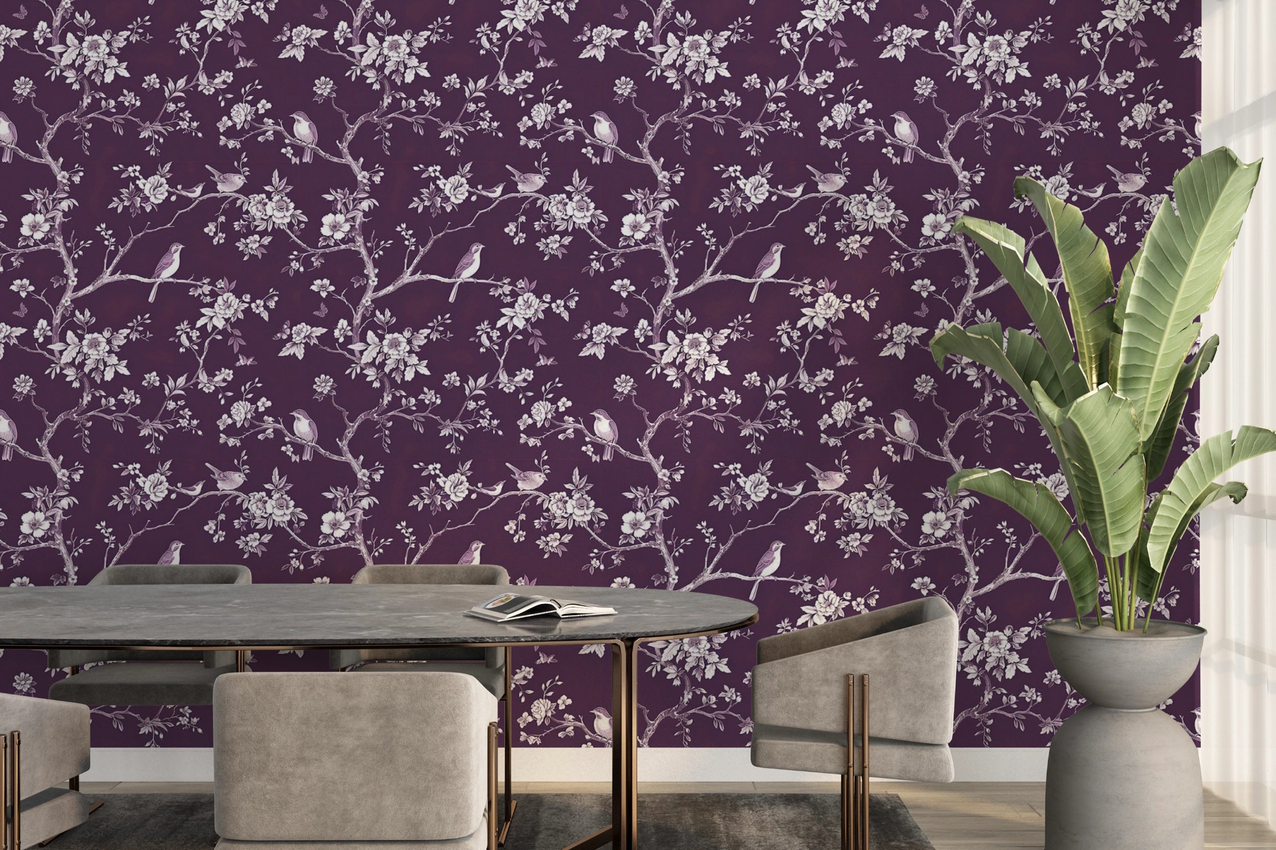 Elegant birds and blossom branches wallpaper Easy-to-apply Chinoiserie floral wallpaper