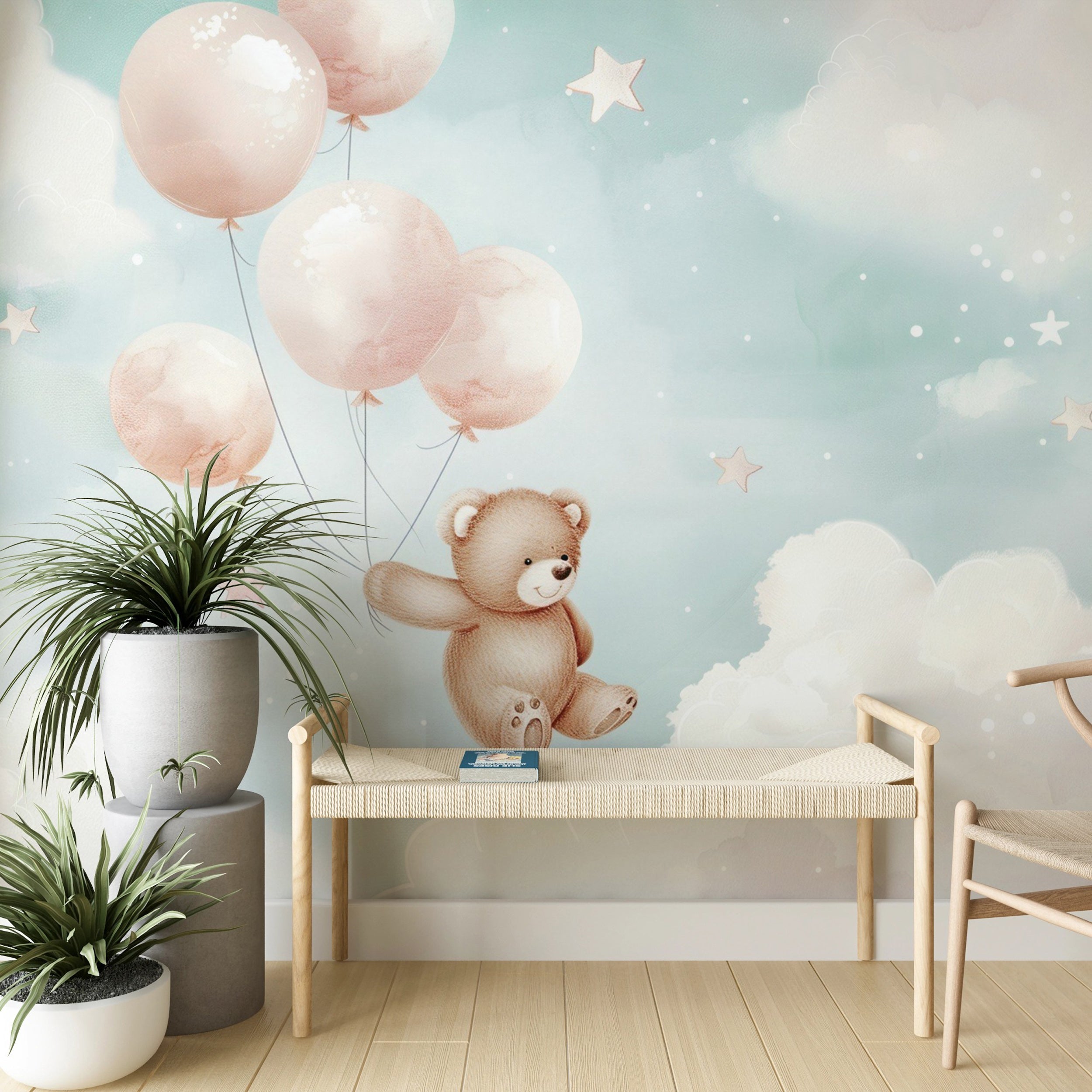 Pastel colors bear and balloons wall art Removable cute bear nursery wallpaper