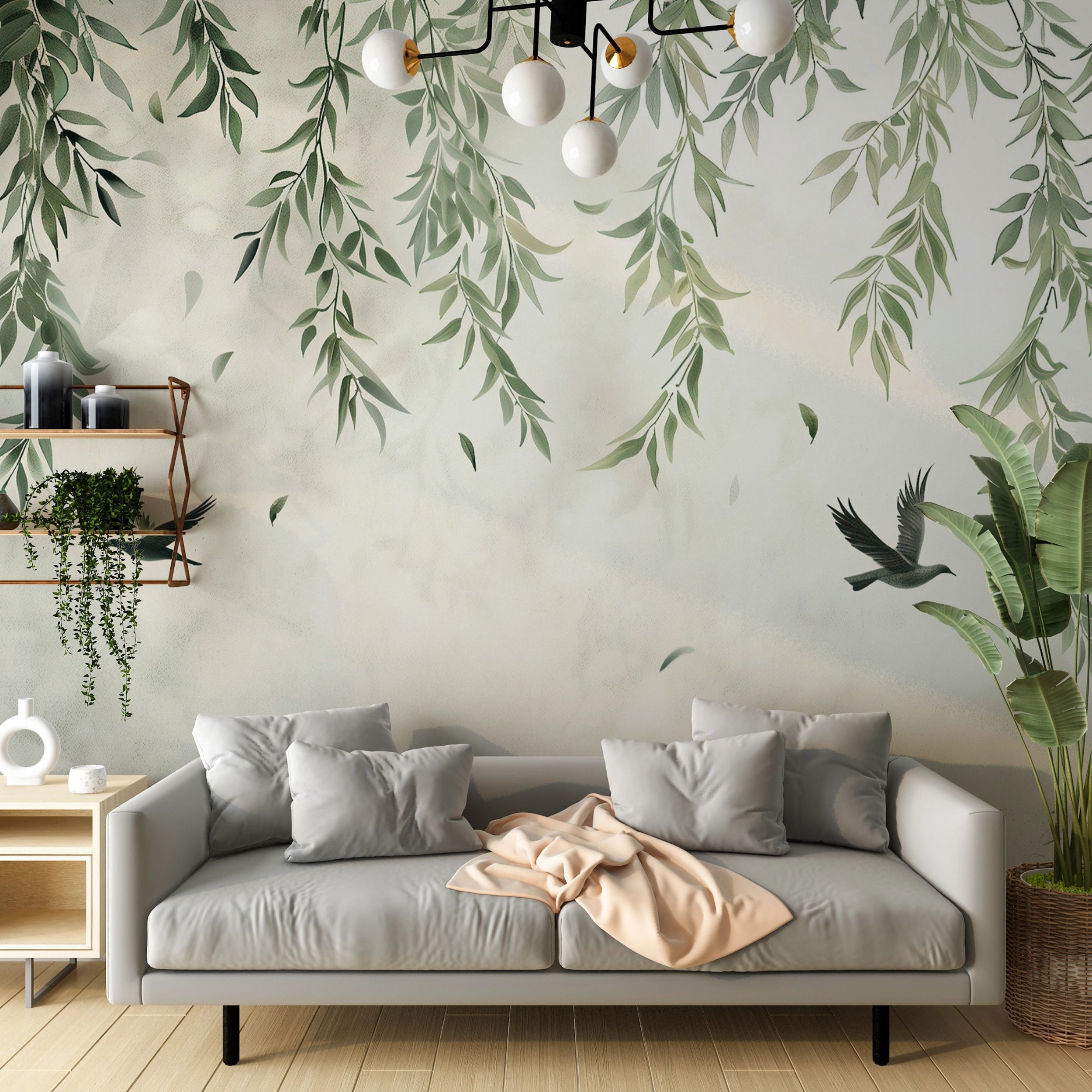 Willow branches and birds wall mural Grey botanical mural with hanging leaves