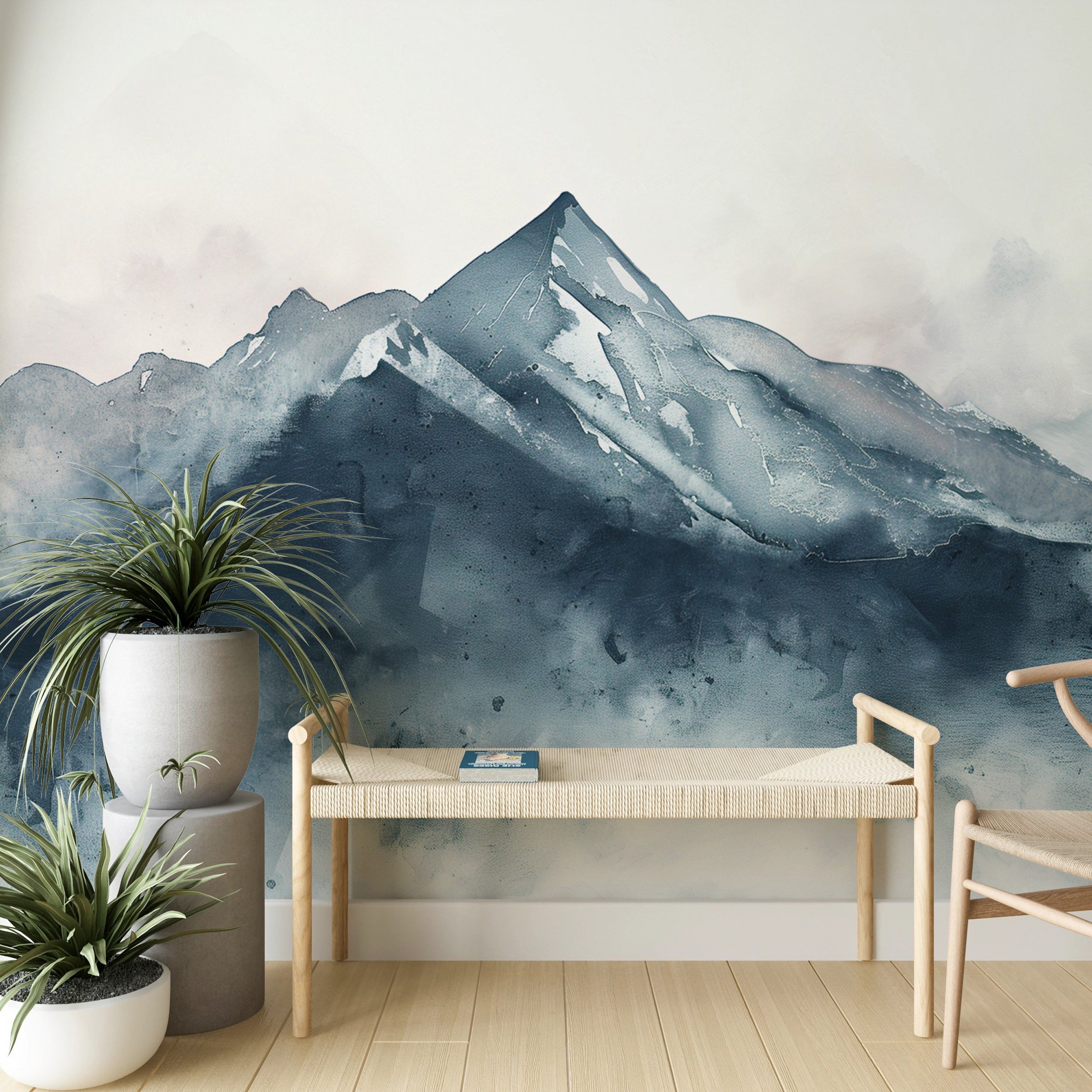 Easy-to-apply mountain mural for accent walls Tranquil grey mountain wall art