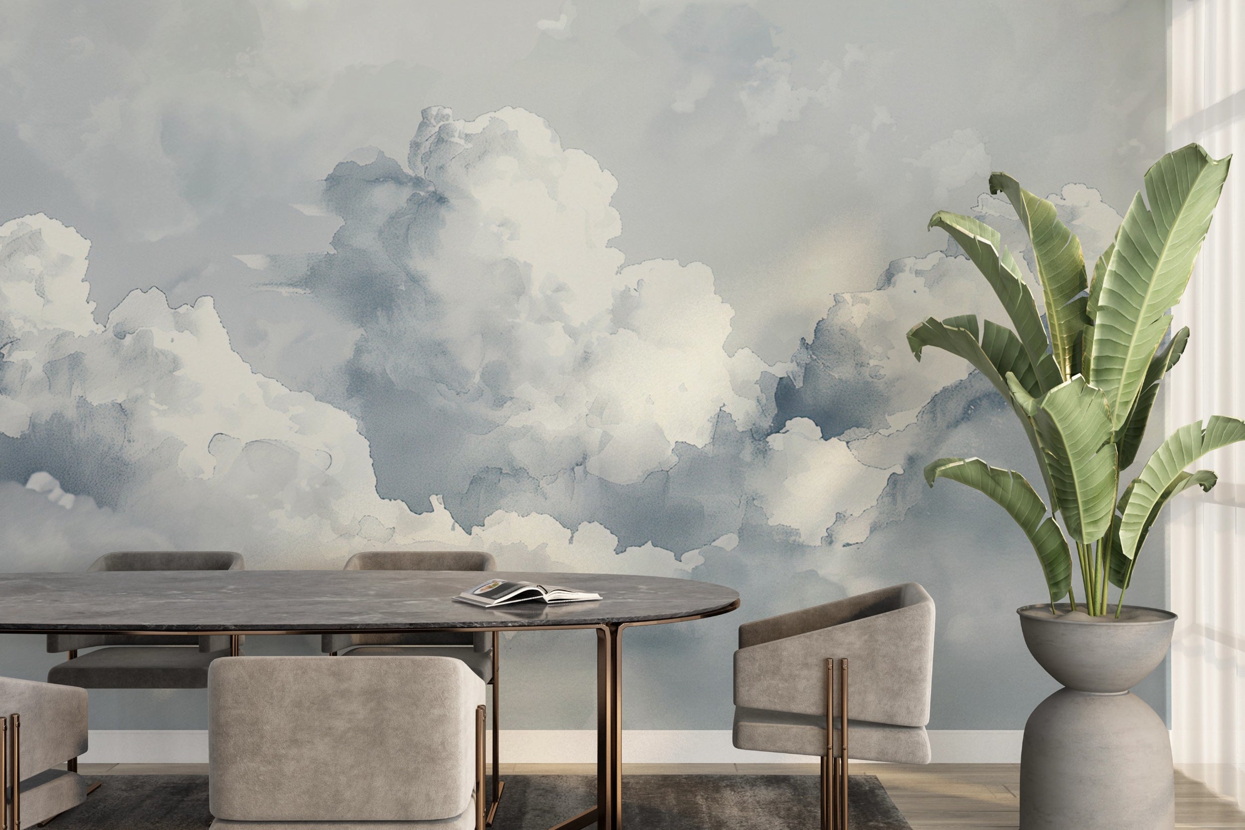 Minimalist accent wall decor with cloud design Easy-to-apply white and grey clouds wall mural