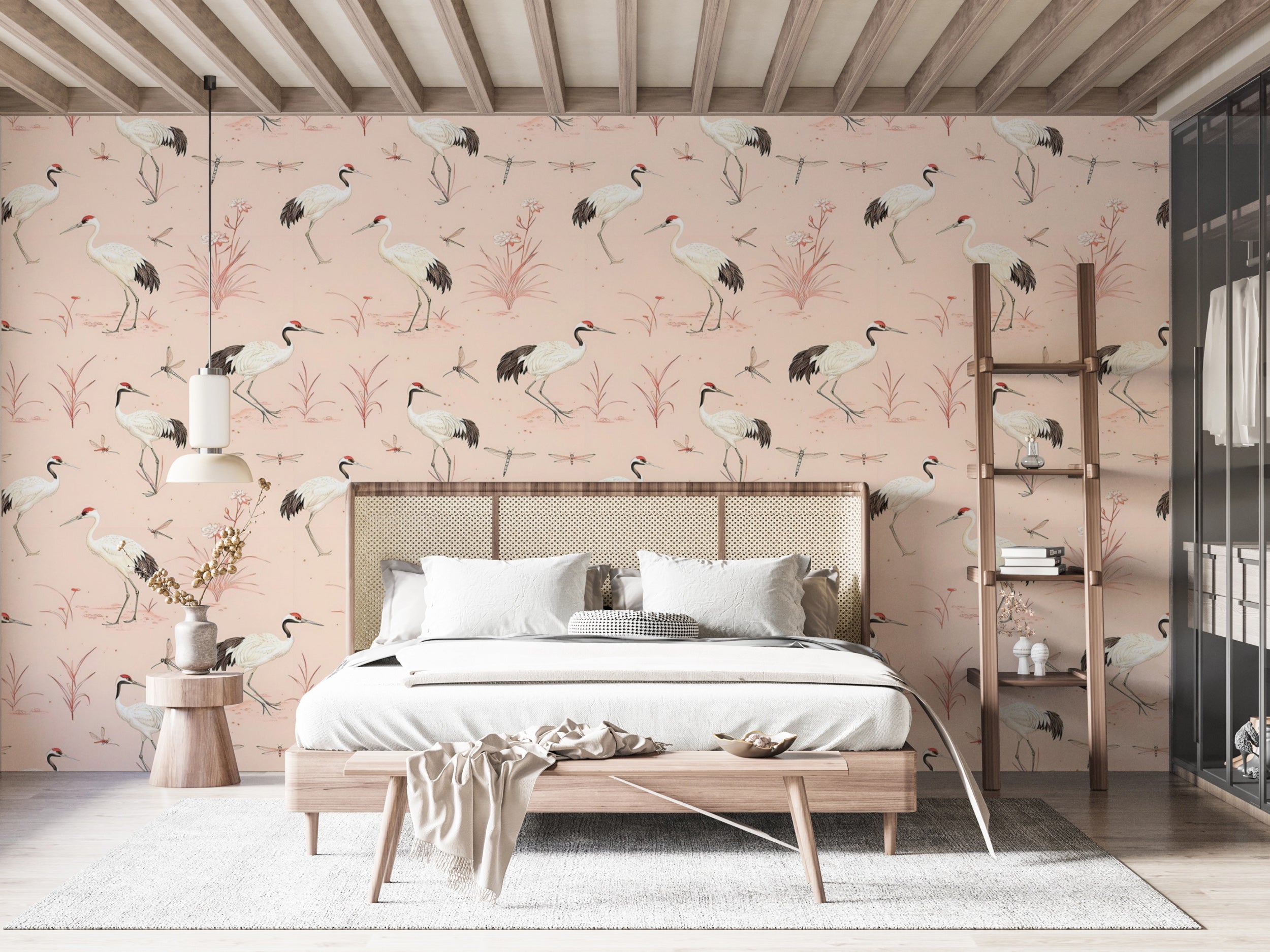 Elegant vintage crane bird wallpaper for bedrooms Classic Chinoiserie wallpaper with soft pink background