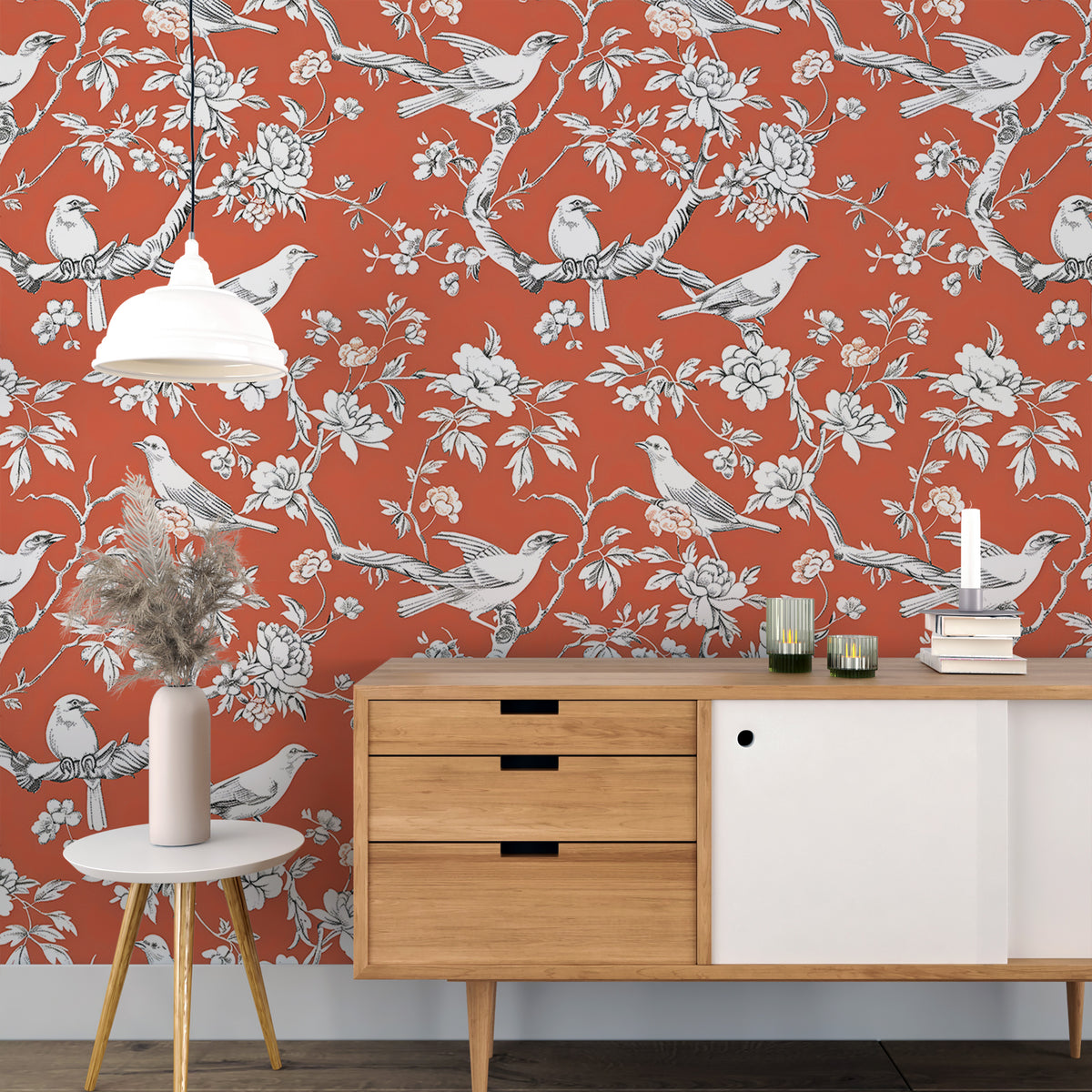 Red Chinoiserie Wallpaper - White Flowers & Birds Botanical Wallpaper