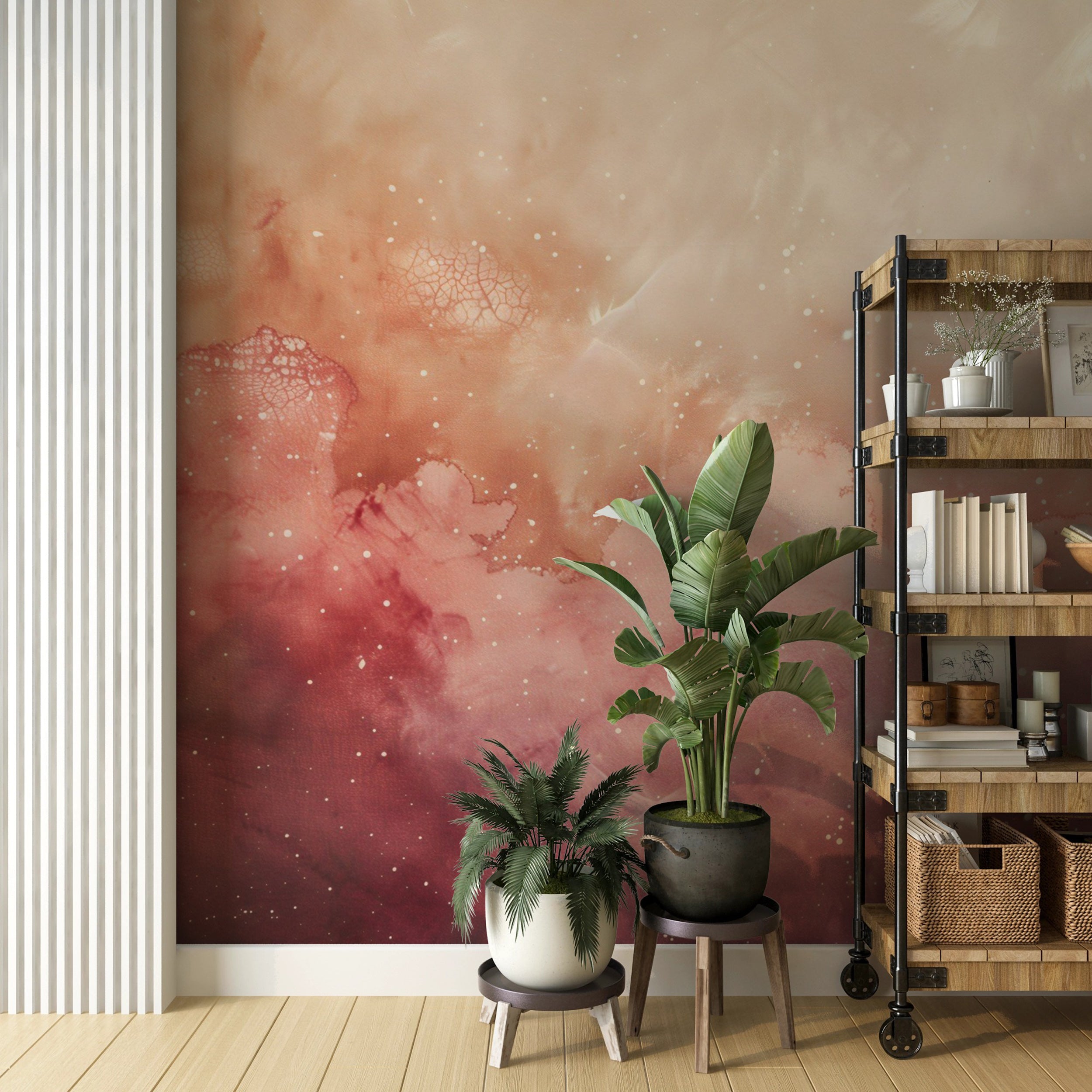 High-quality peel and stick starry night mural Soft pink and beige celestial wall art