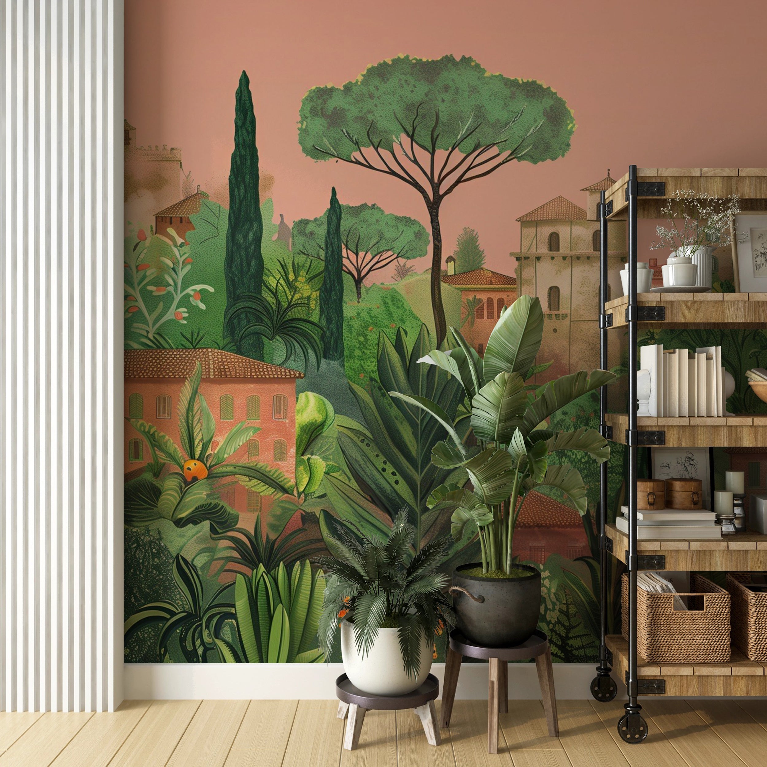 Easy-to-apply colorful city mural for bedrooms Vibrant Italian old town and garden wallpaper