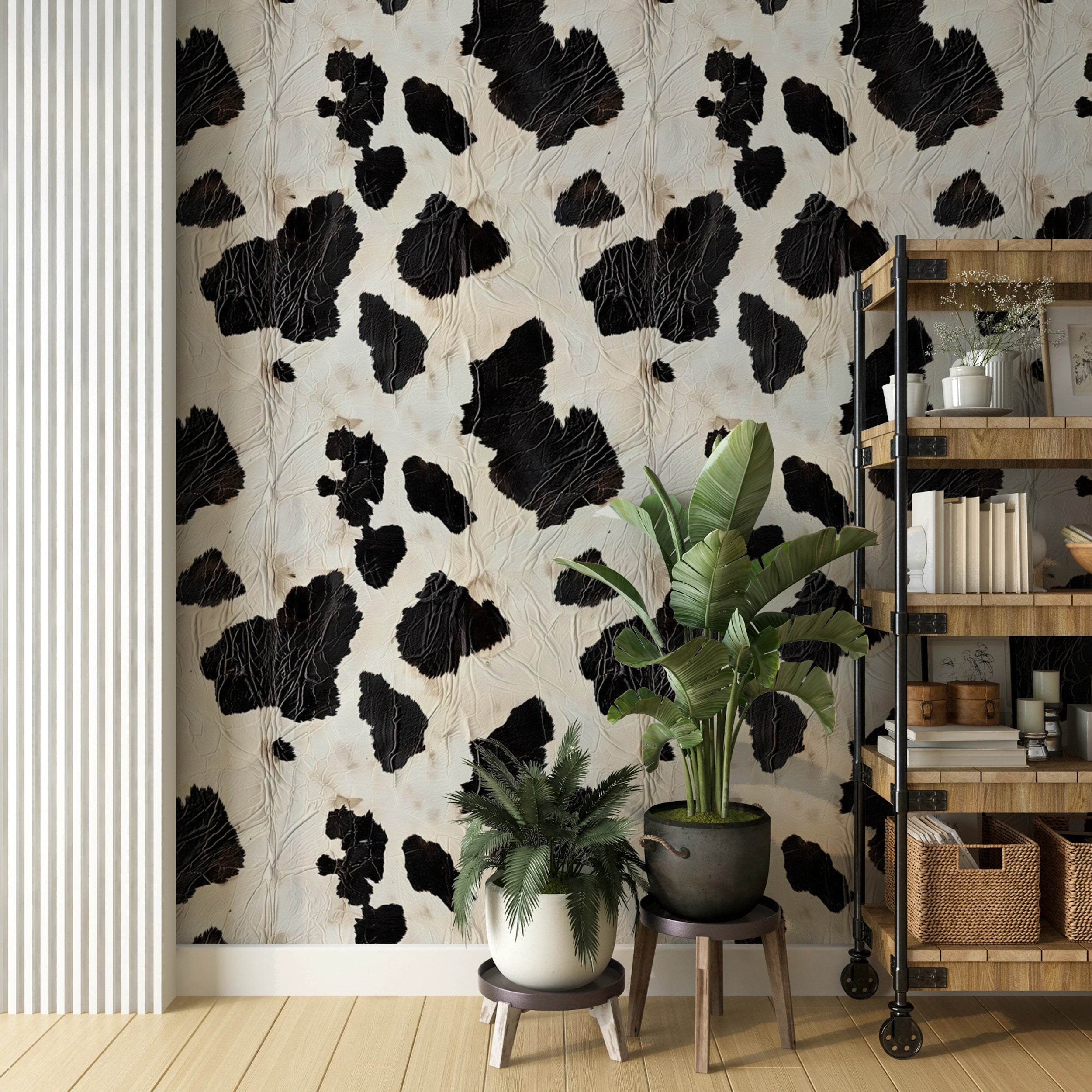 Easy-to-apply cow print wall art for bedrooms Farmhouse chic black and white cow wallpaper