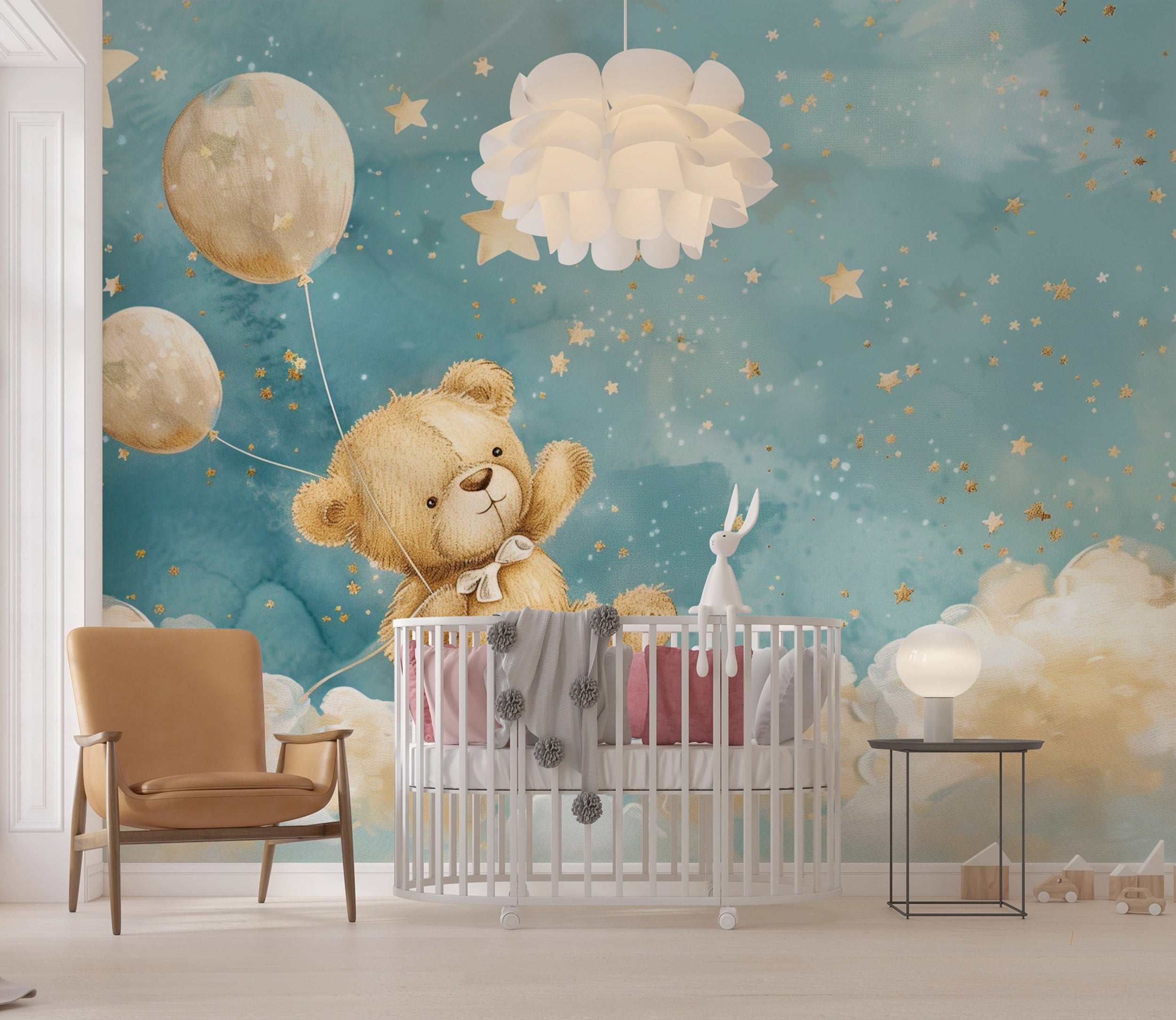 Soft pastel blue and beige nursery wall art Whimsical bear toy and balloon mural for children's rooms