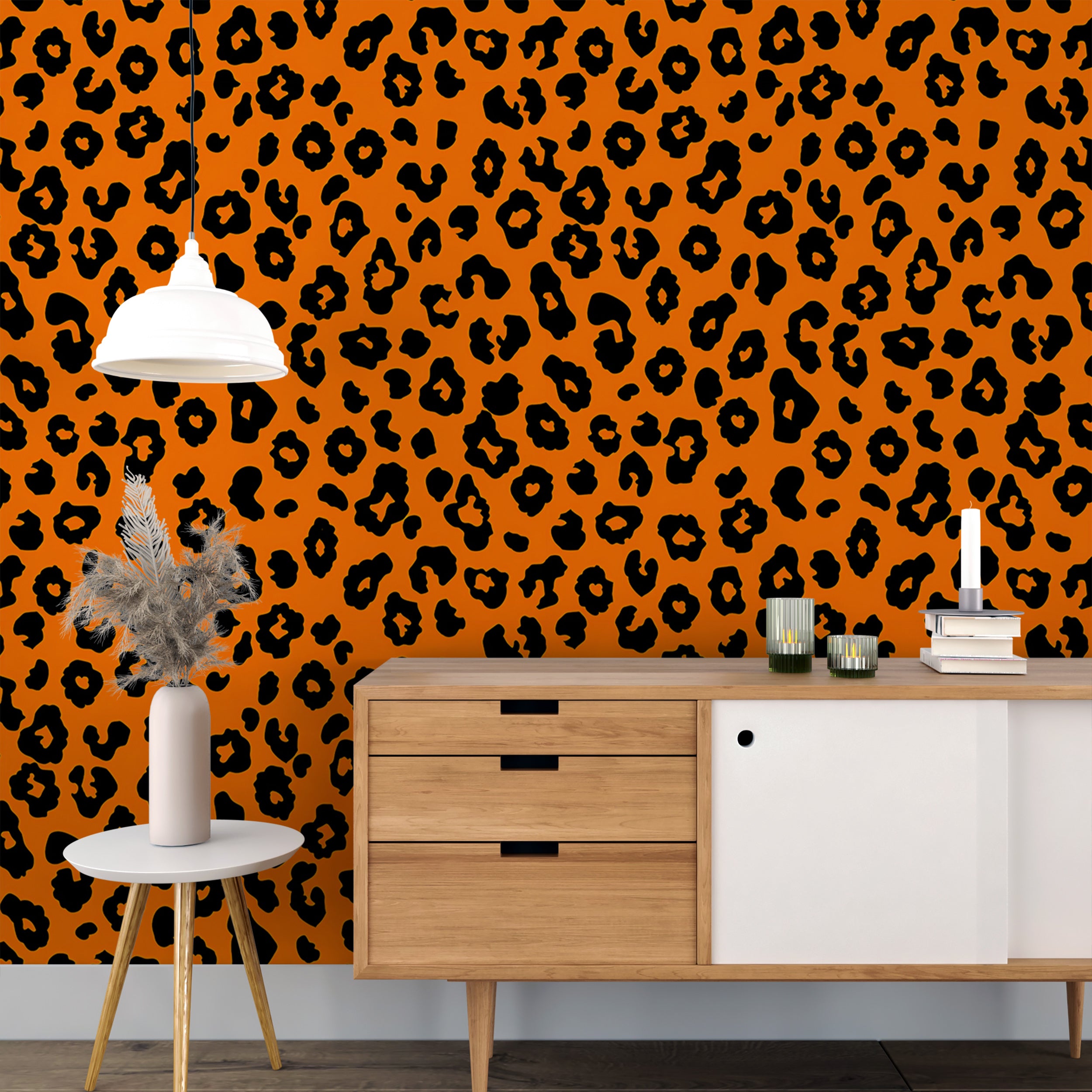 Bright orange leopard print wallpaper Colorful animal pattern wall decor