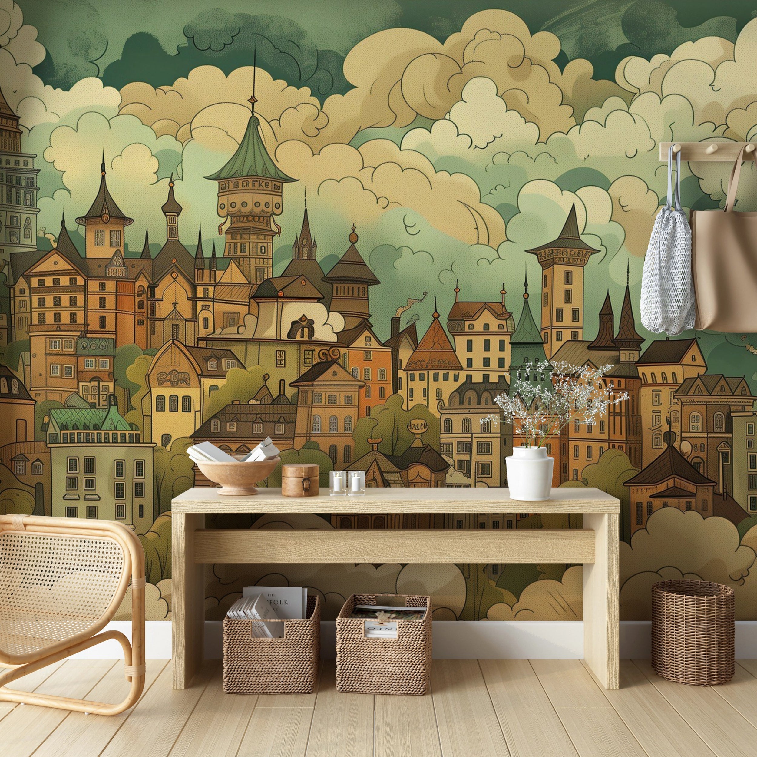 Removable city and clouds wallpaper Dreamy vintage town mural for living room