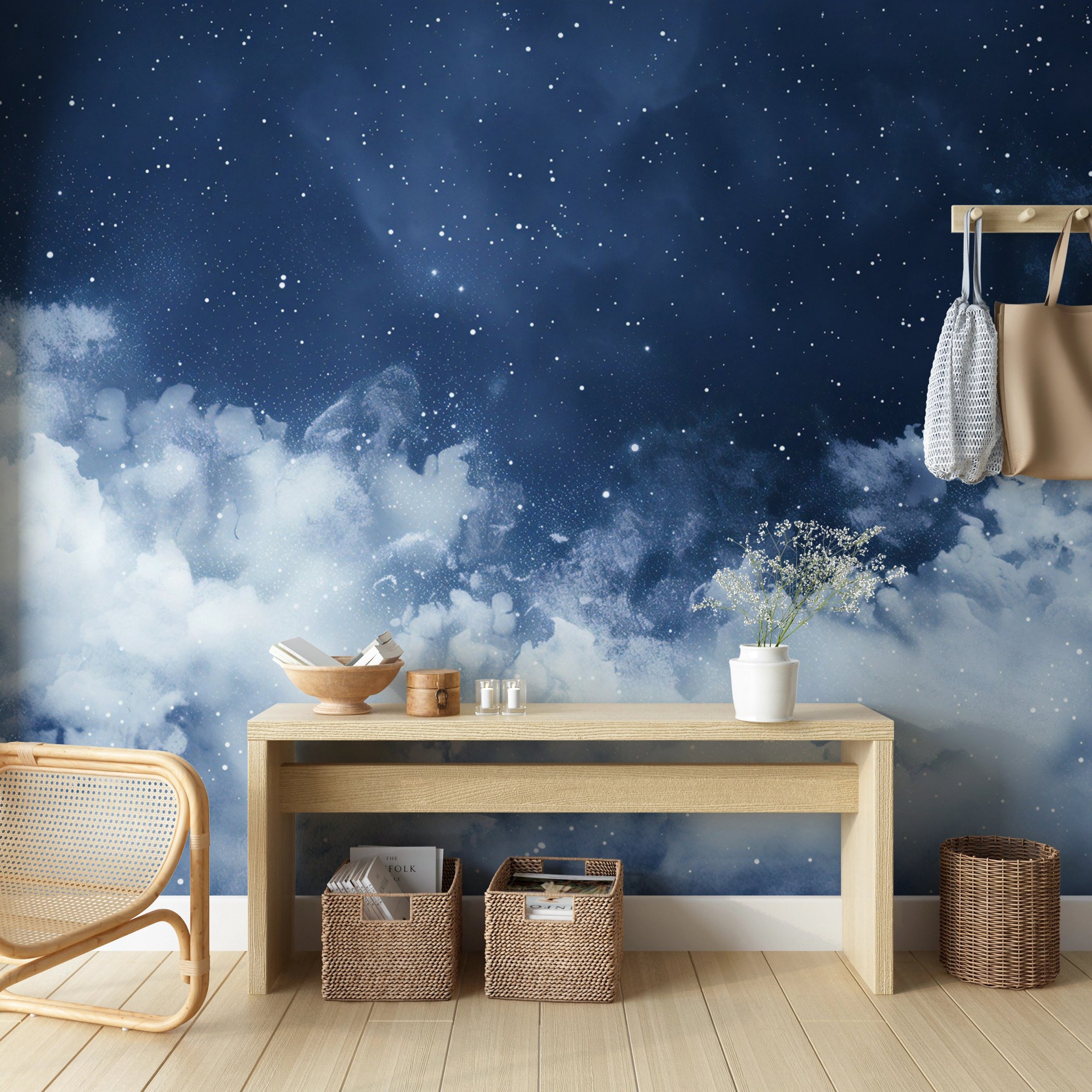 Night sky mural with clouds and stars Starry space art wall mural for living room