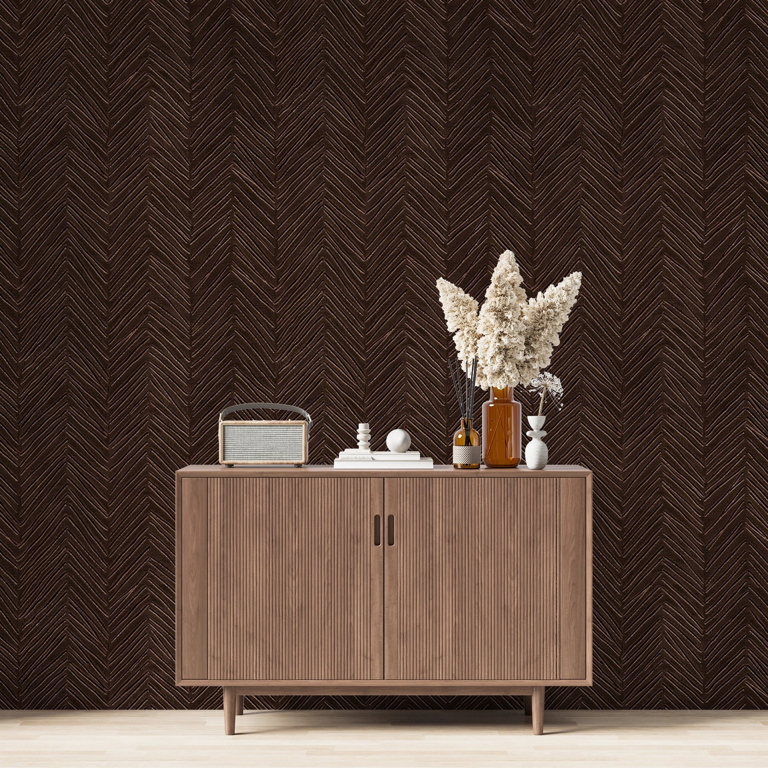 Sophisticated herringbone design wall art Easy-to-apply dark brown peel and stick wallpaper