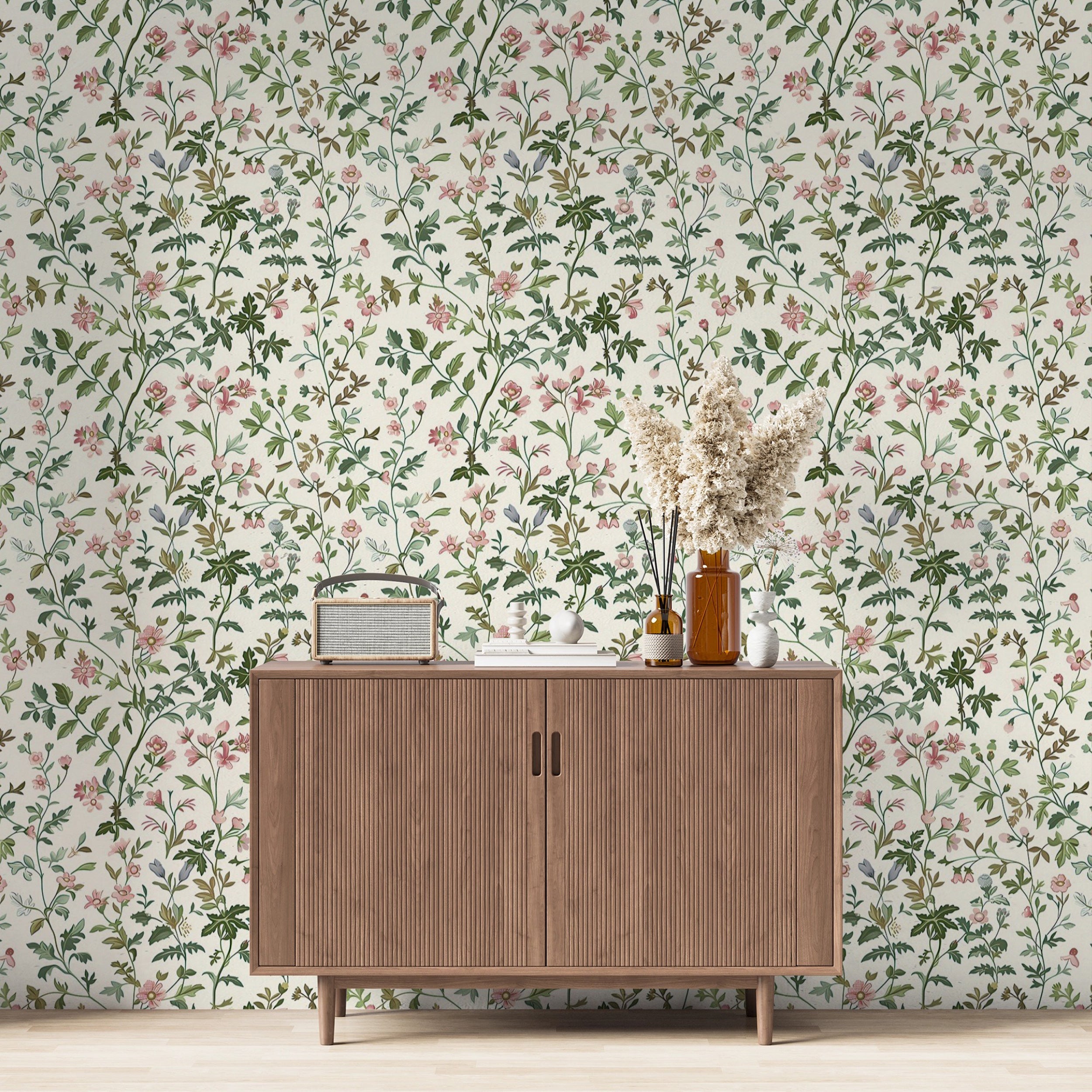 Neutral tones floral wallpaper for bedrooms Easy-to-apply light botanical wall art