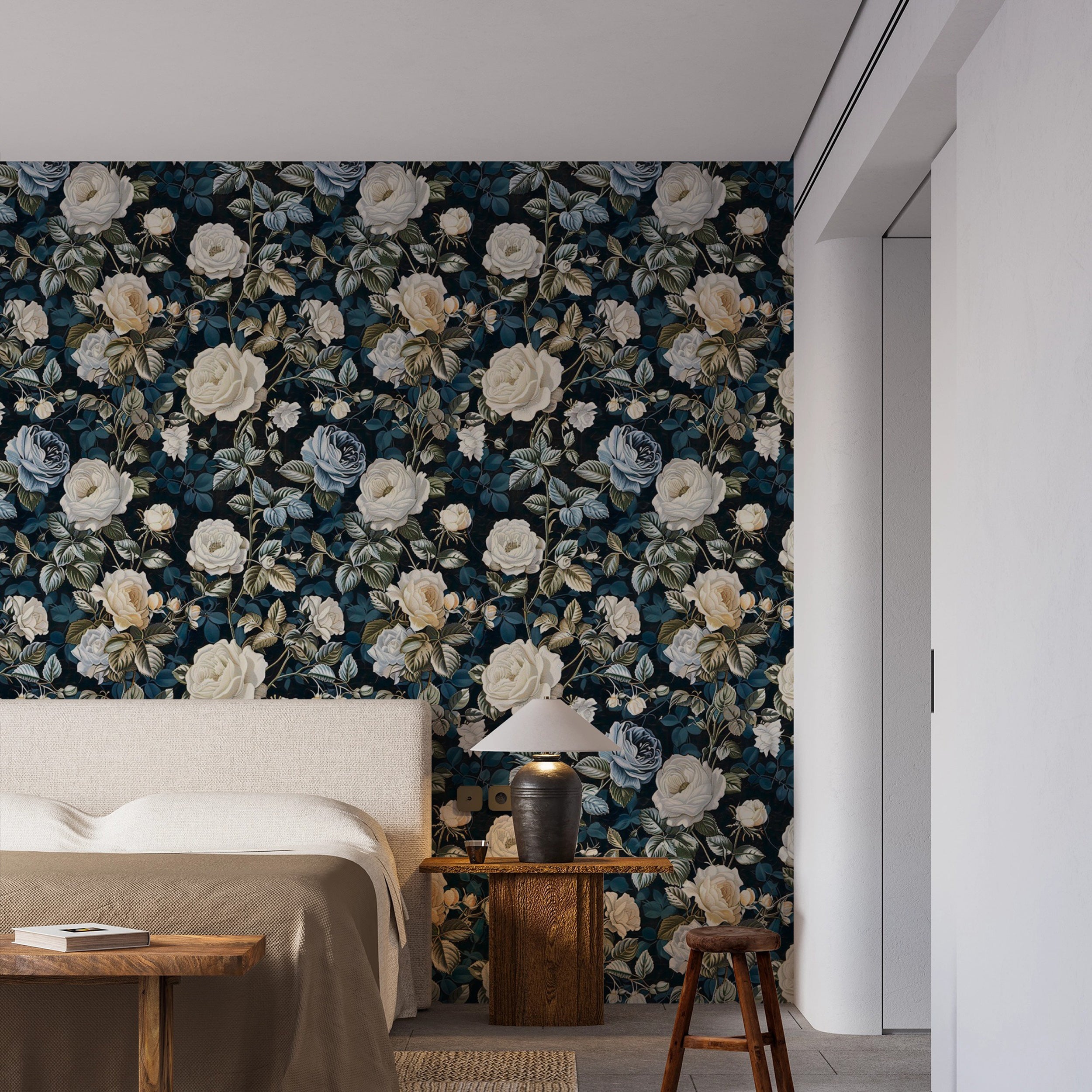 Dark blue vintage wallpaper with intricate flower design