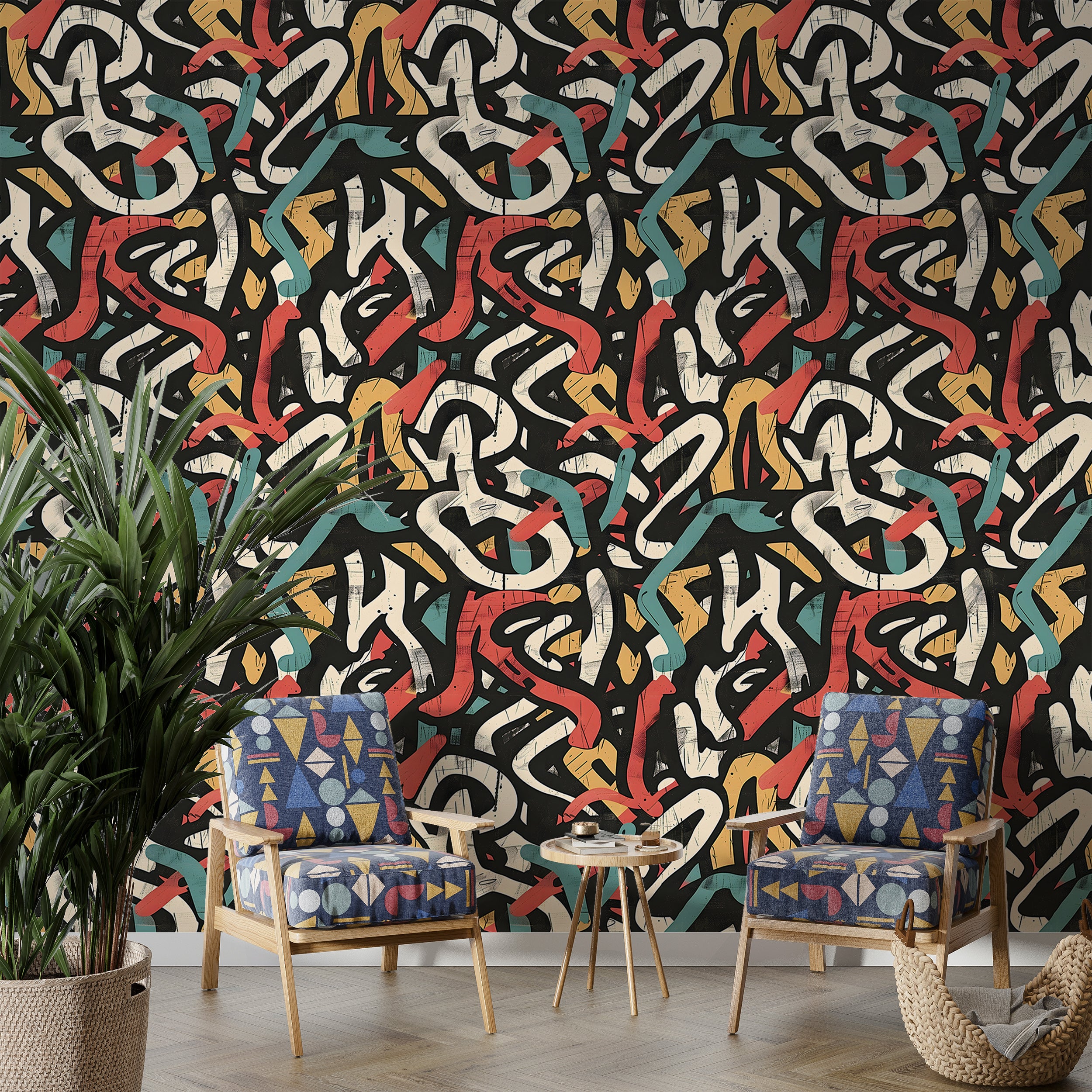 Vibrant abstract wallpaper for modern interiors Urban graffiti wallpaper with geometric patterns